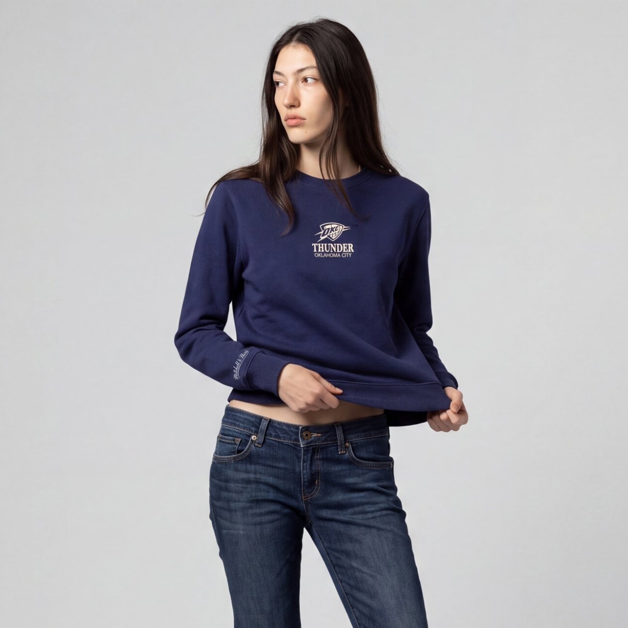 Women's Mitchell & Ness Navy Oklahoma City Thunder Core Essentials Micro Logo Fleece Sweatshirt