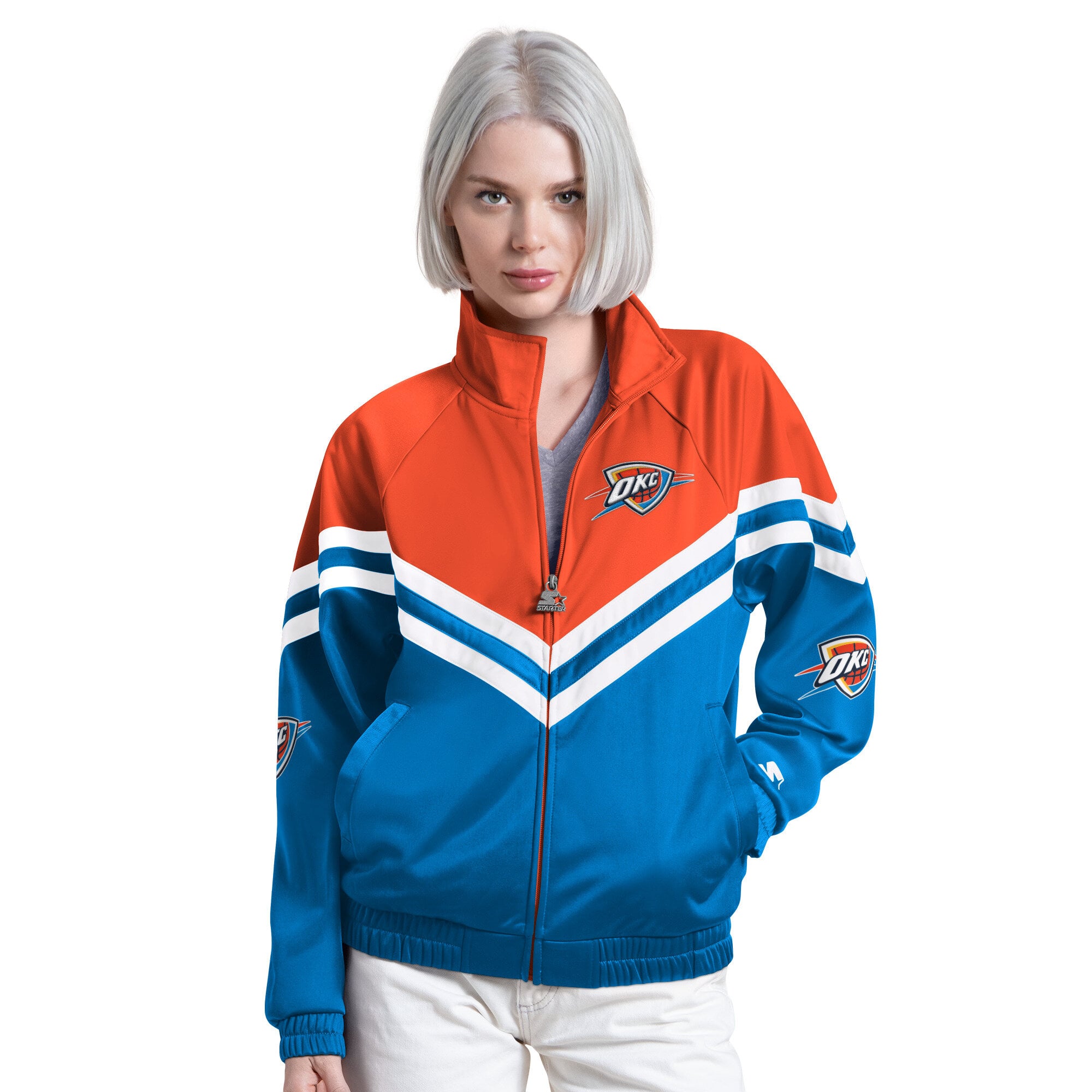Veste de survêtement zippée Starter Blue pour femmes, aux couleurs du fan club Thunder d'Oklahoma City.