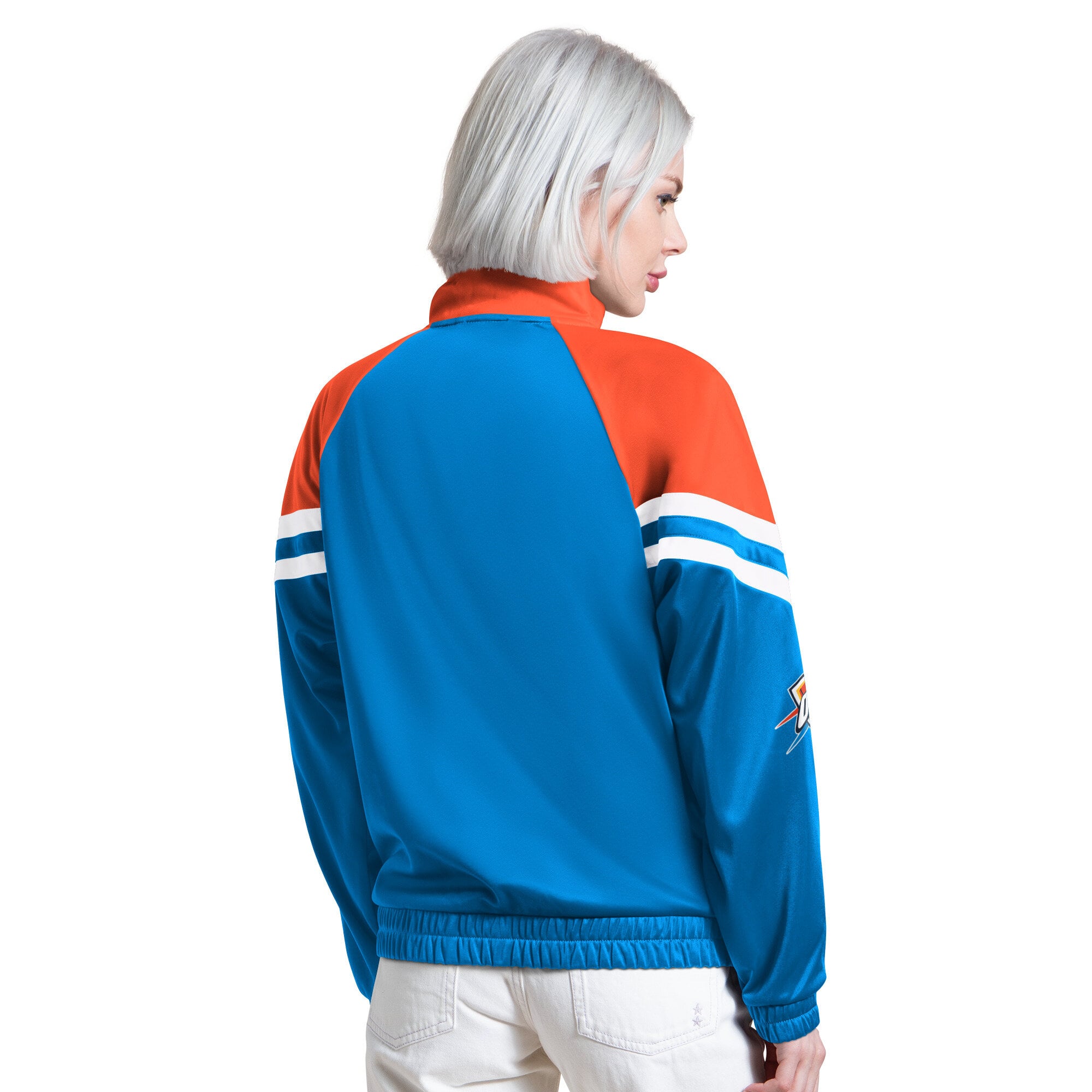 Veste de survêtement zippée Starter Blue pour femmes, aux couleurs du fan club Thunder d'Oklahoma City.