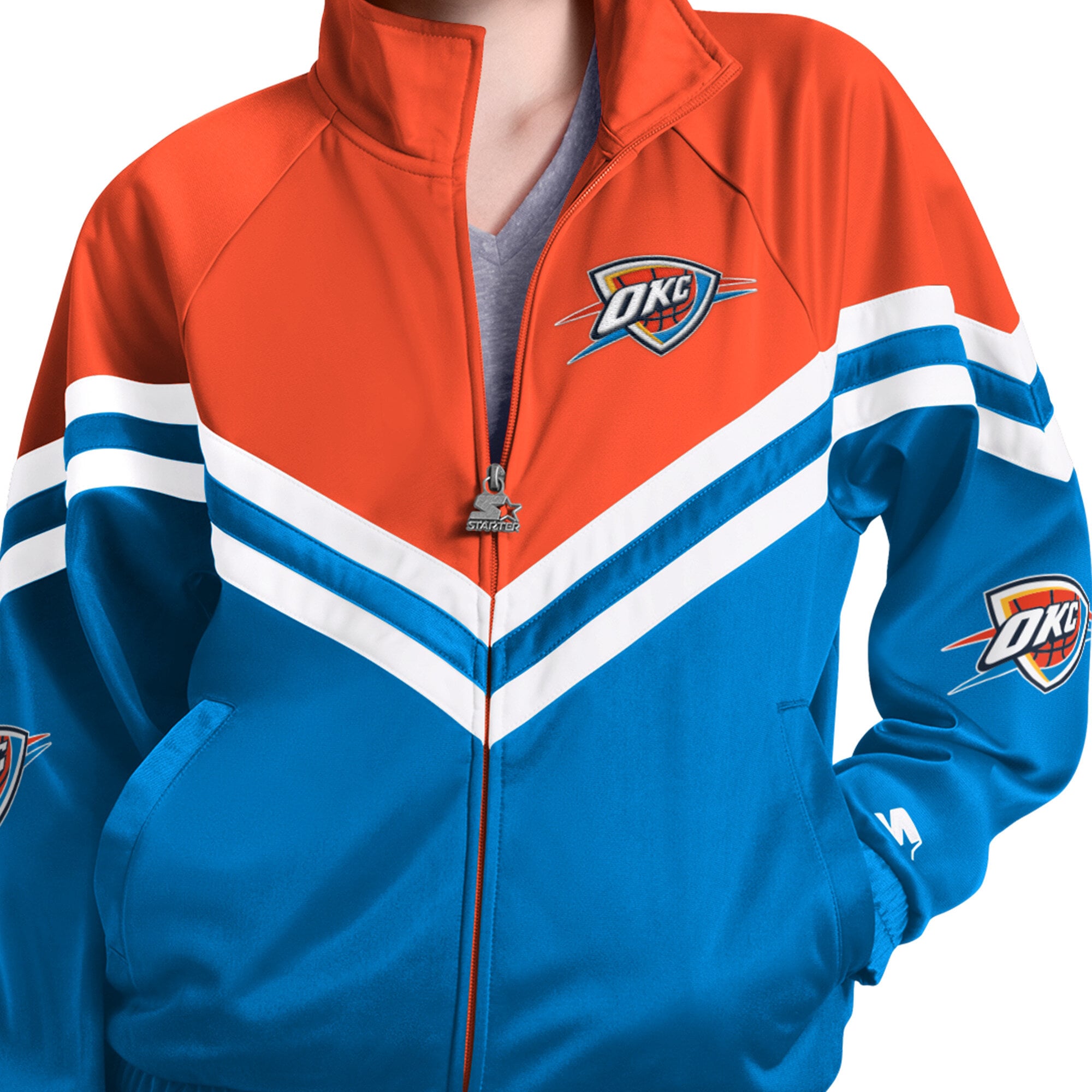Veste de survêtement zippée Starter Blue pour femmes, aux couleurs du fan club Thunder d'Oklahoma City.