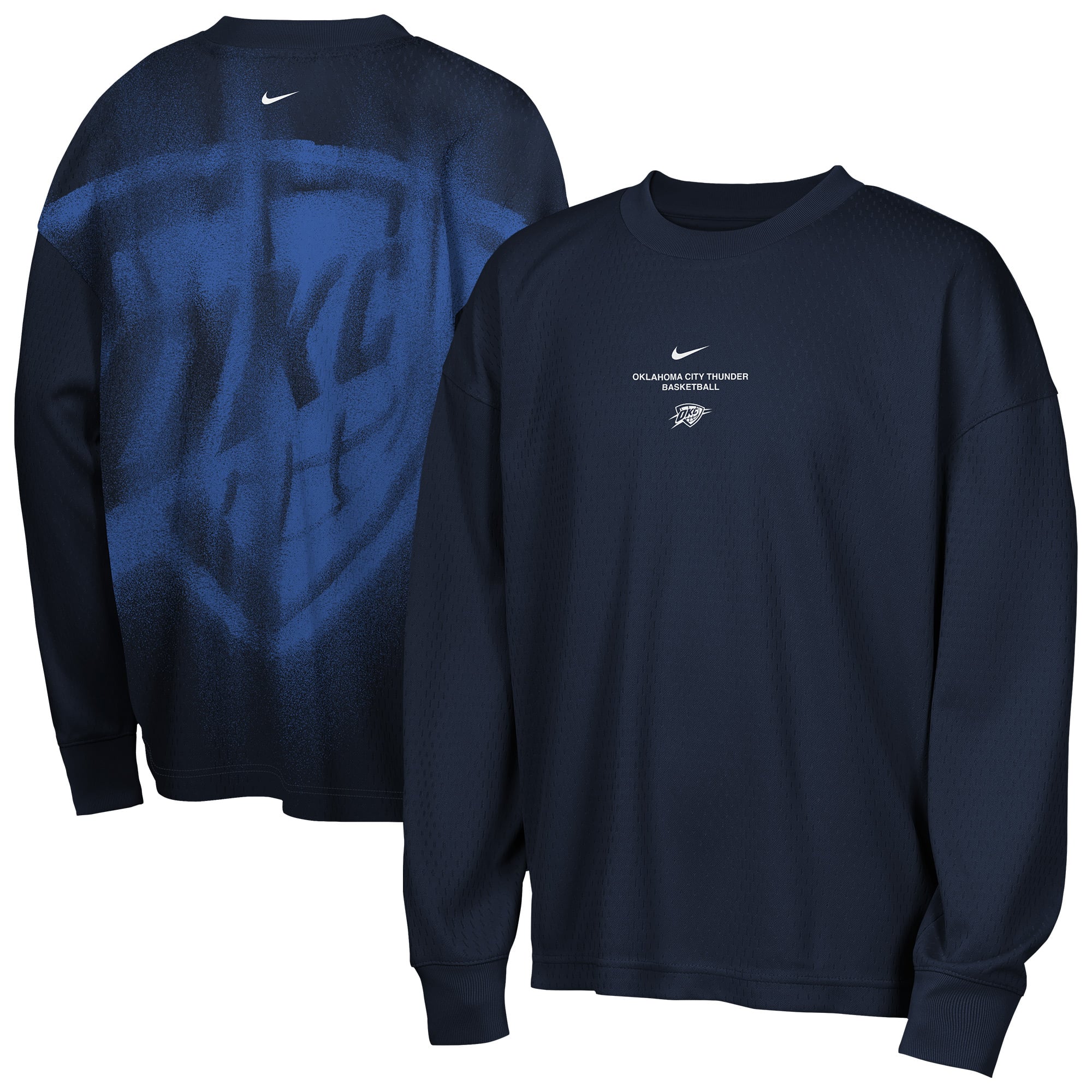 T-shirt à manches longues Nike bleu marine Oklahoma City Thunder 2026, modèle standard d'avant-match, pour jeunes.