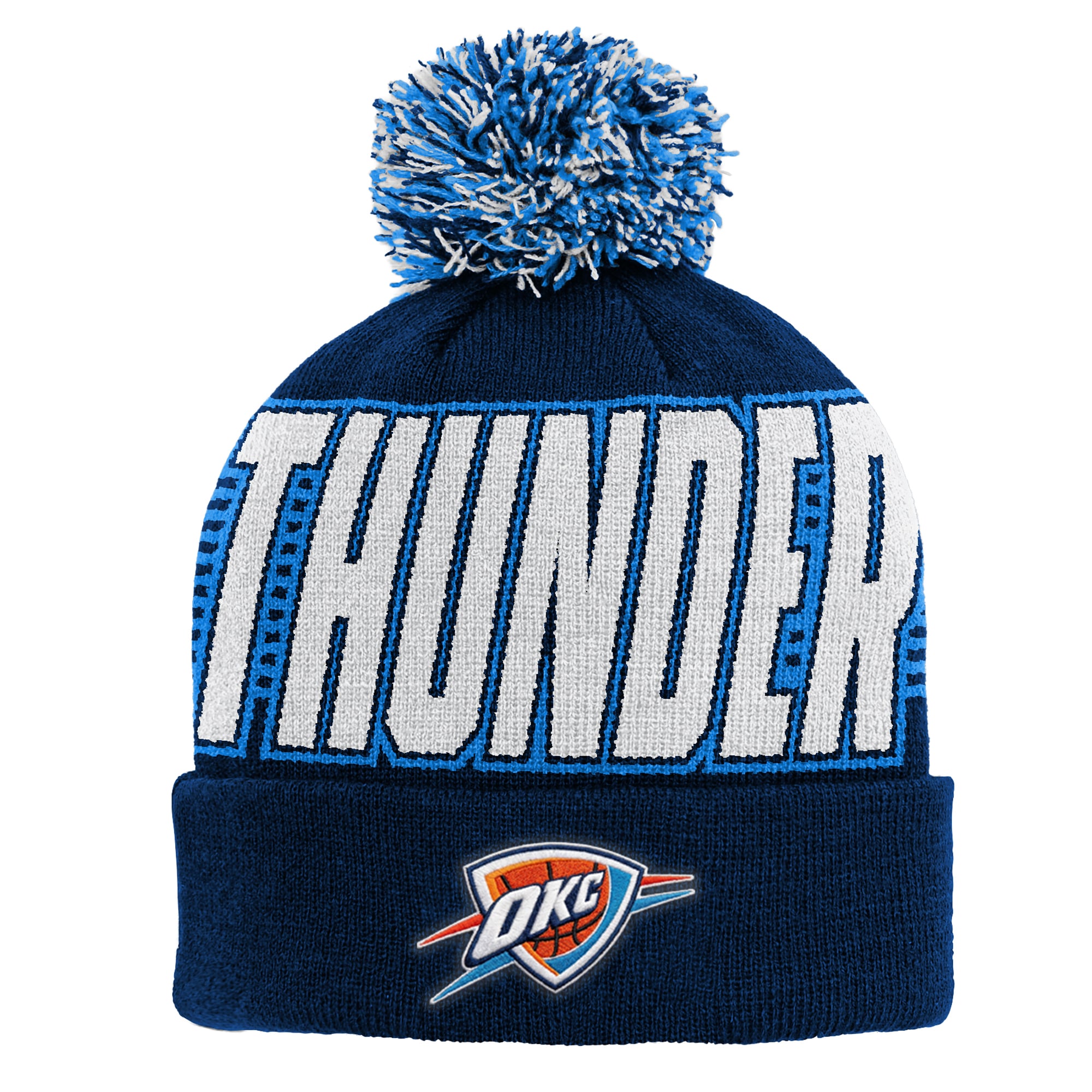 Bonnet tricoté à revers bleu Oklahoma City Thunder pour enfant, avec pompon