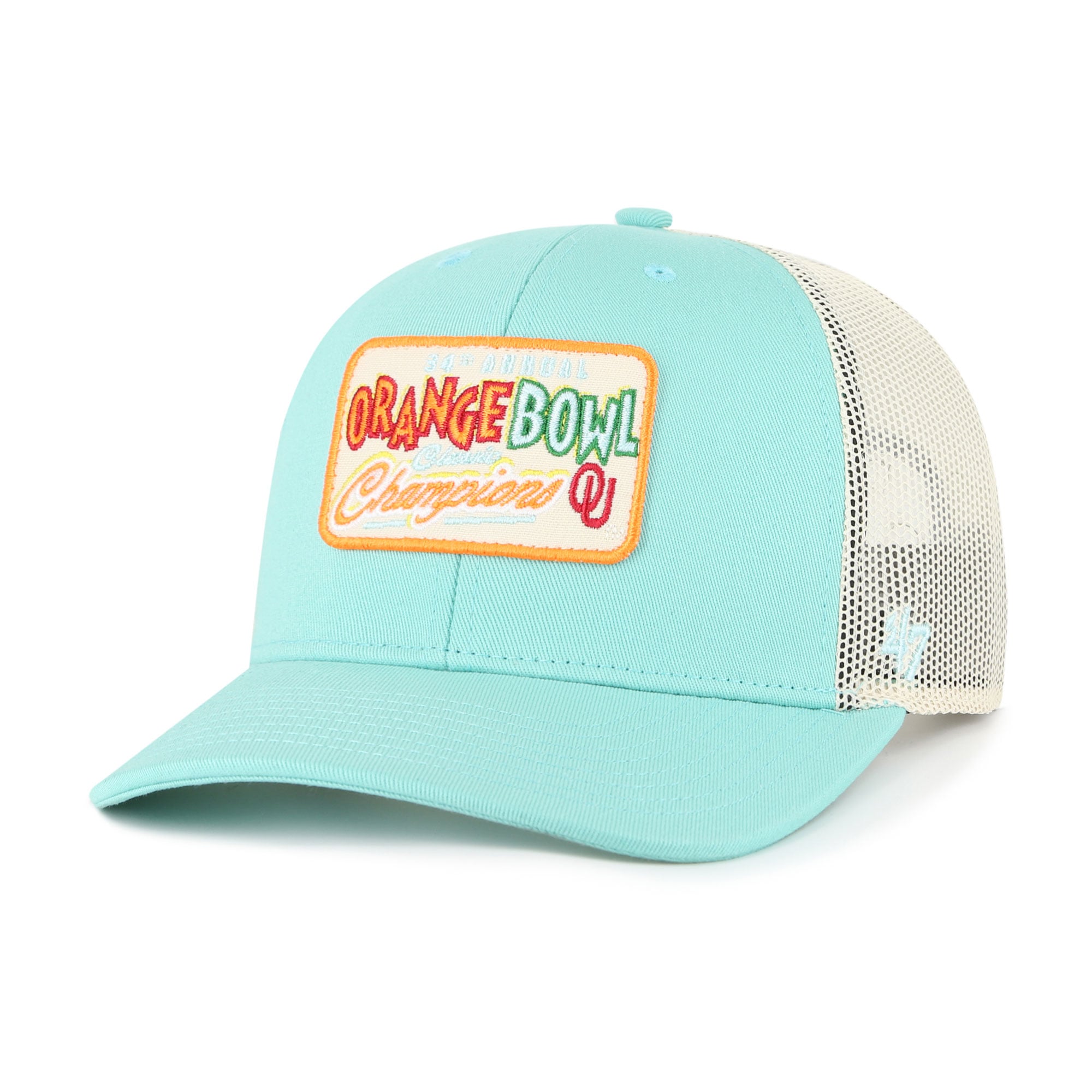 Casquette trucker ajustable turquoise Oklahoma Sooners, champions de l'Orange Bowl, numéro 47