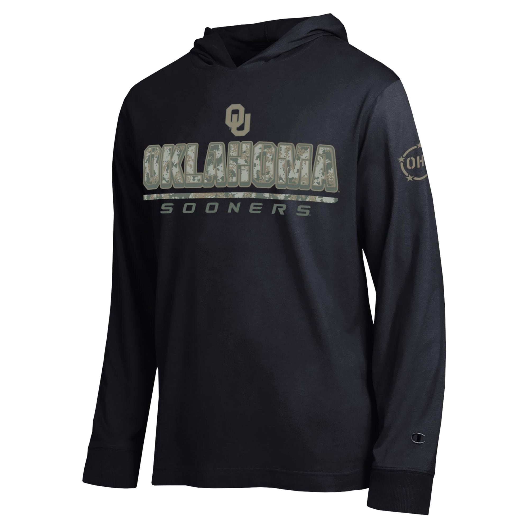 T-shirt à manches longues et capuche Champion Black Oklahoma Sooners Operation Hat Trick Camo Script pour homme