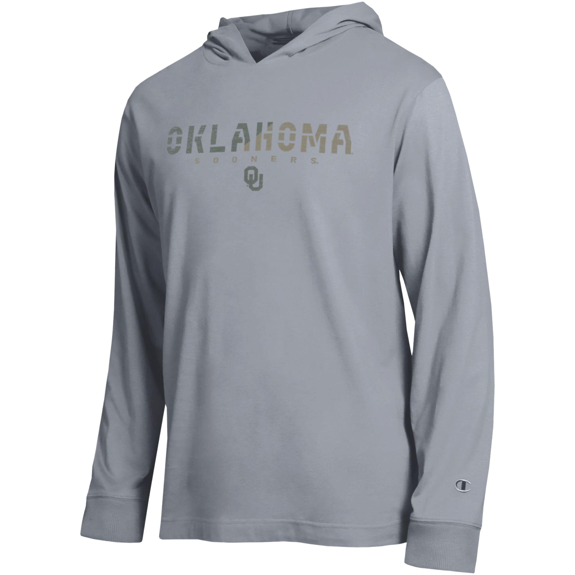 Men's Champion  Gray Oklahoma Sooners Operation Hat Trick Flag Hooded Long Sleeve T-Shirt