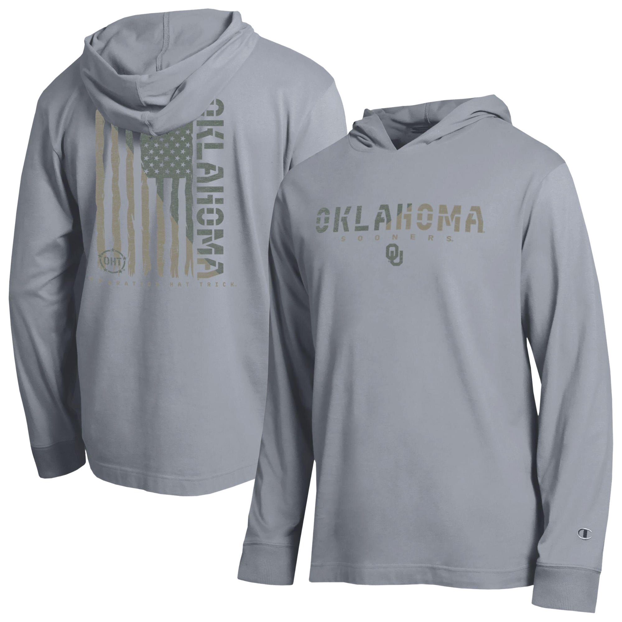 Men's Champion  Gray Oklahoma Sooners Operation Hat Trick Flag Hooded Long Sleeve T-Shirt