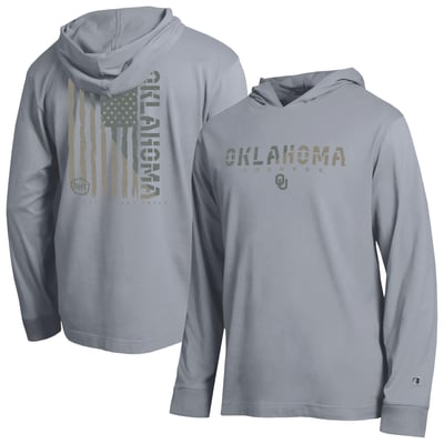  Oklahoma Sooners Champion Operation Hat Trick Flag Hooded Long Sleeve T-Shirt - Gray