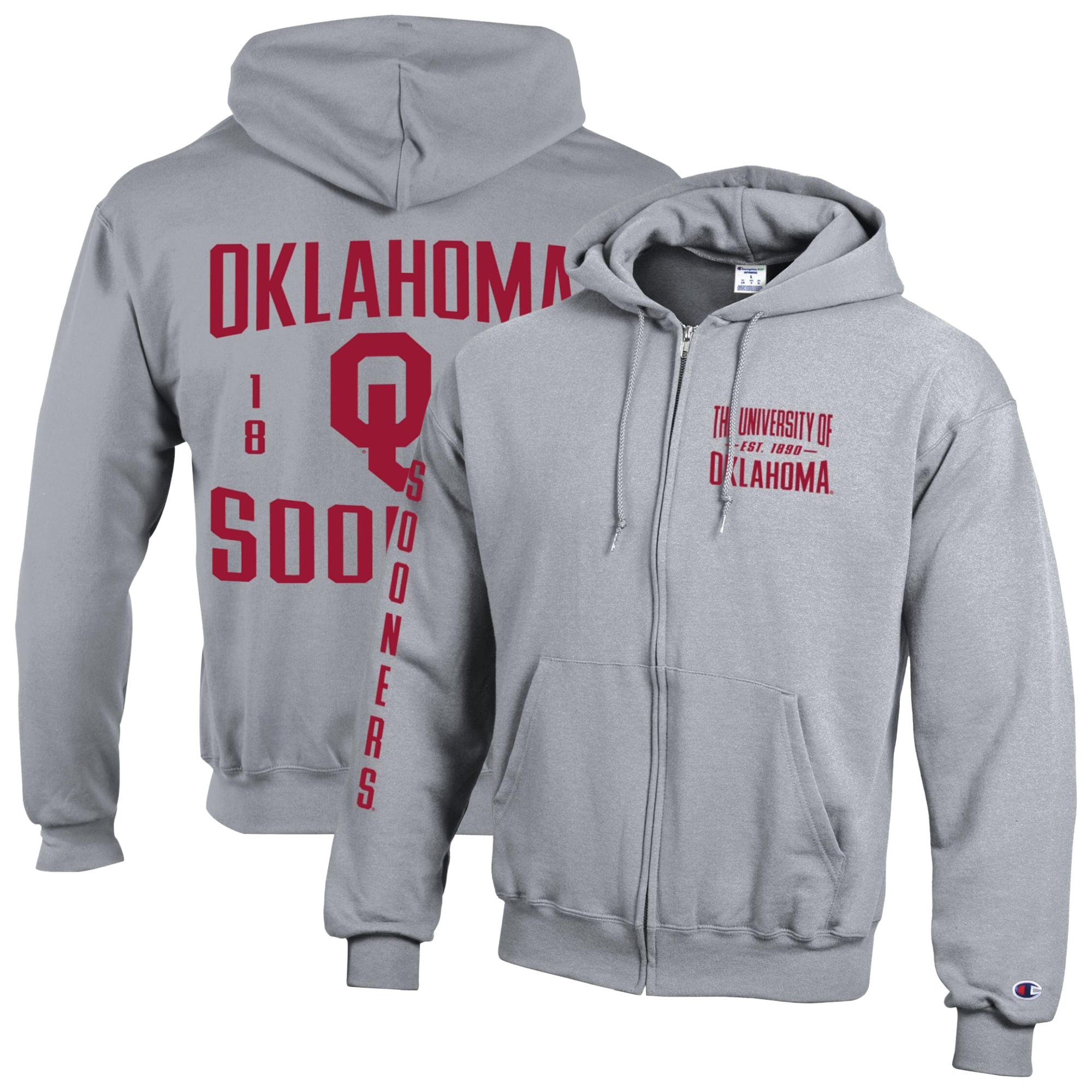 Men's Champion Heather Gray Oklahoma Sooners Varsity Powerblend Full-Zip Fleece Hoodie