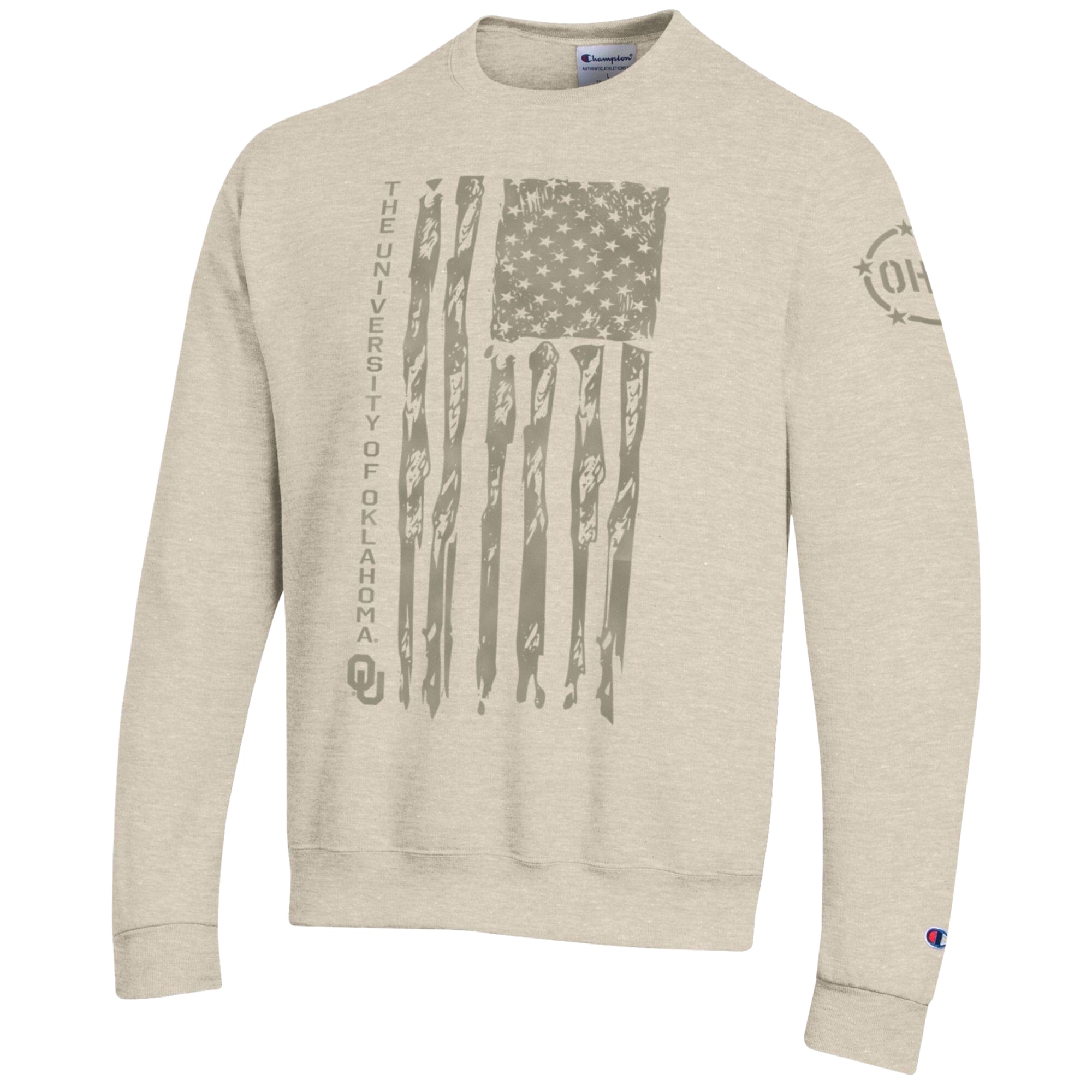 Men's Champion Oatmeal Oklahoma Sooners Operation Hat Trick Flag Fleece Crewneck Sweatshirt