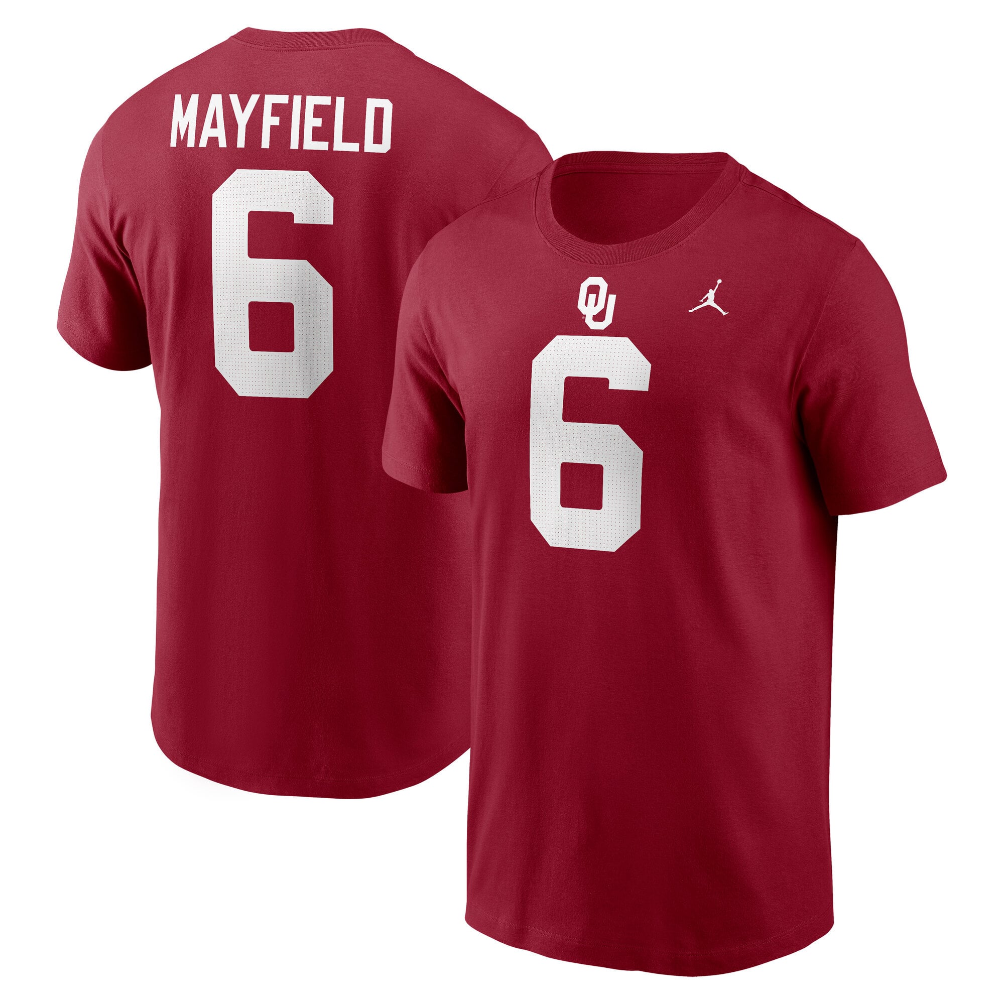 Men's Jordan Brand Baker Mayfield Crimson Oklahoma Sooners Name & Number T-Shirt