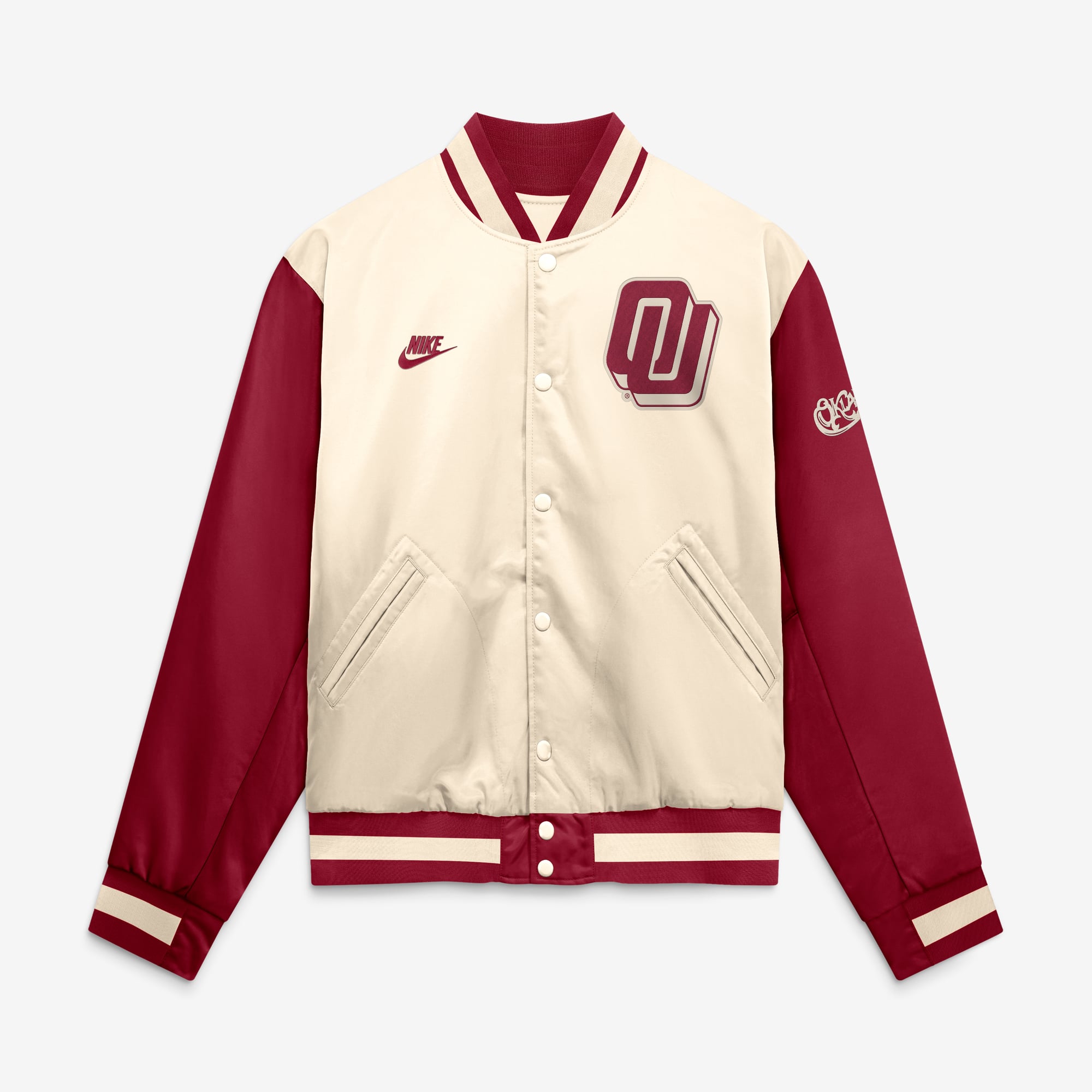 Men's Nike Natural/Crimson Oklahoma Sooners Legacy Full-Snap Bomber Jacket