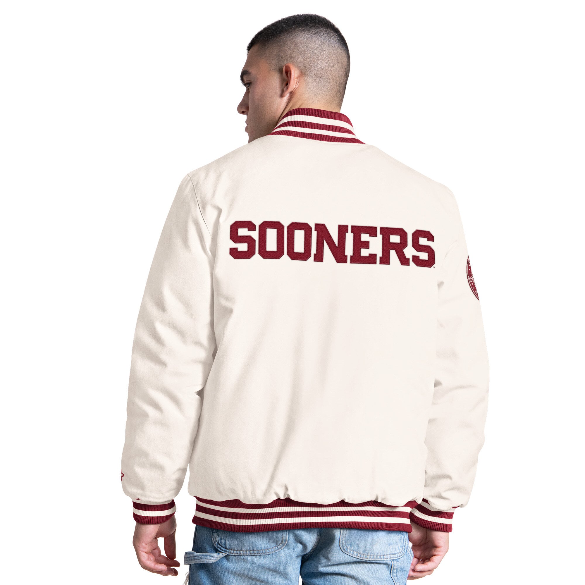 Men's Starter White Oklahoma Sooners Spectator Varsity Full Snap Jacket