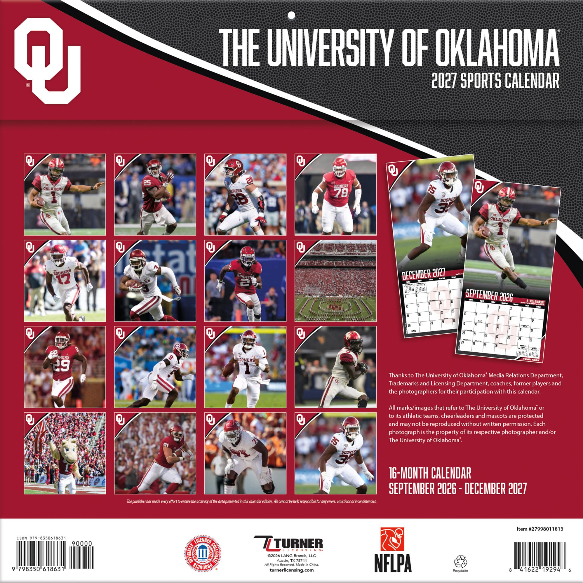 Oklahoma Sooners 2027 12” x 12” Team Wall Calendar