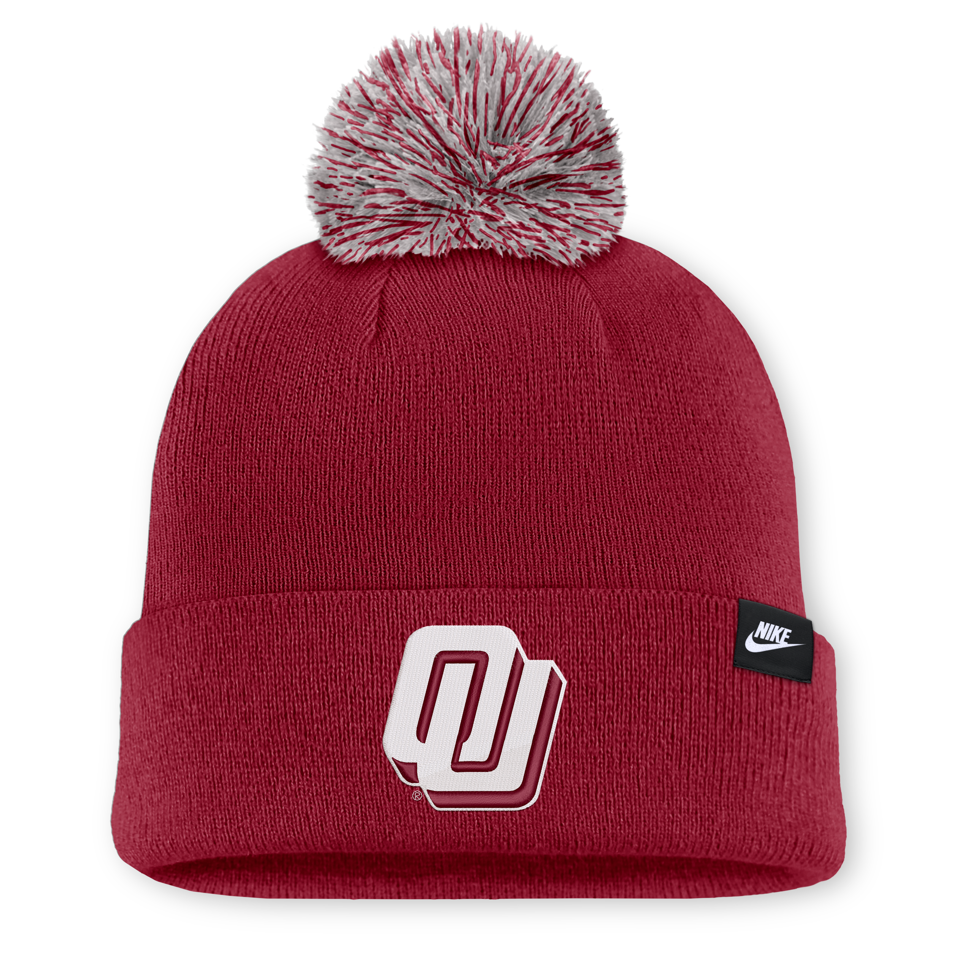 Bonnet unisexe Nike blanc à pompon, orné de la mascotte des Oklahoma Sooners et portant le logo Nike.