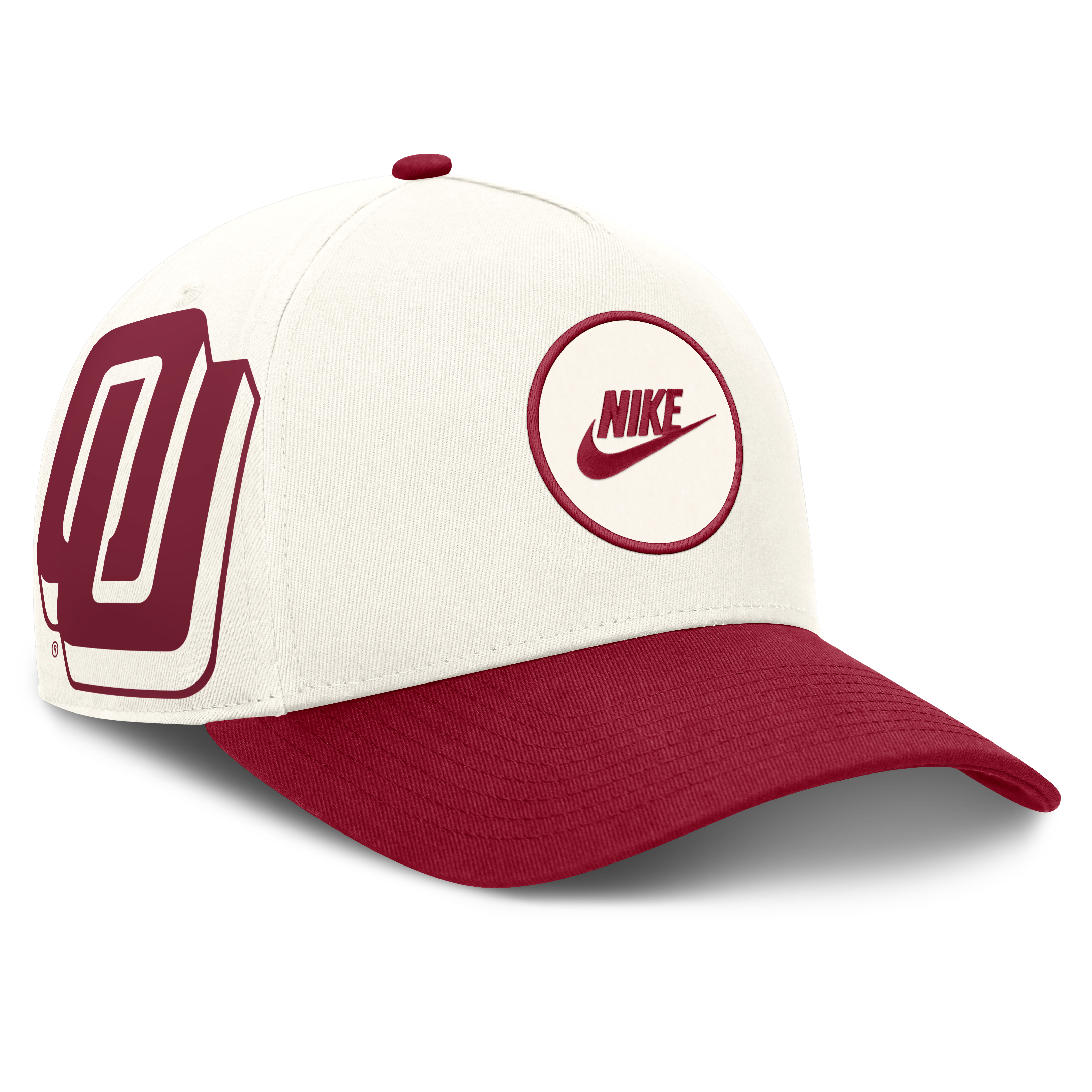 Casquette unisexe Nike blanche/cramoisie Oklahoma Sooners Rise avec logo latéral en A et technologie Dri-FIT ajustable
