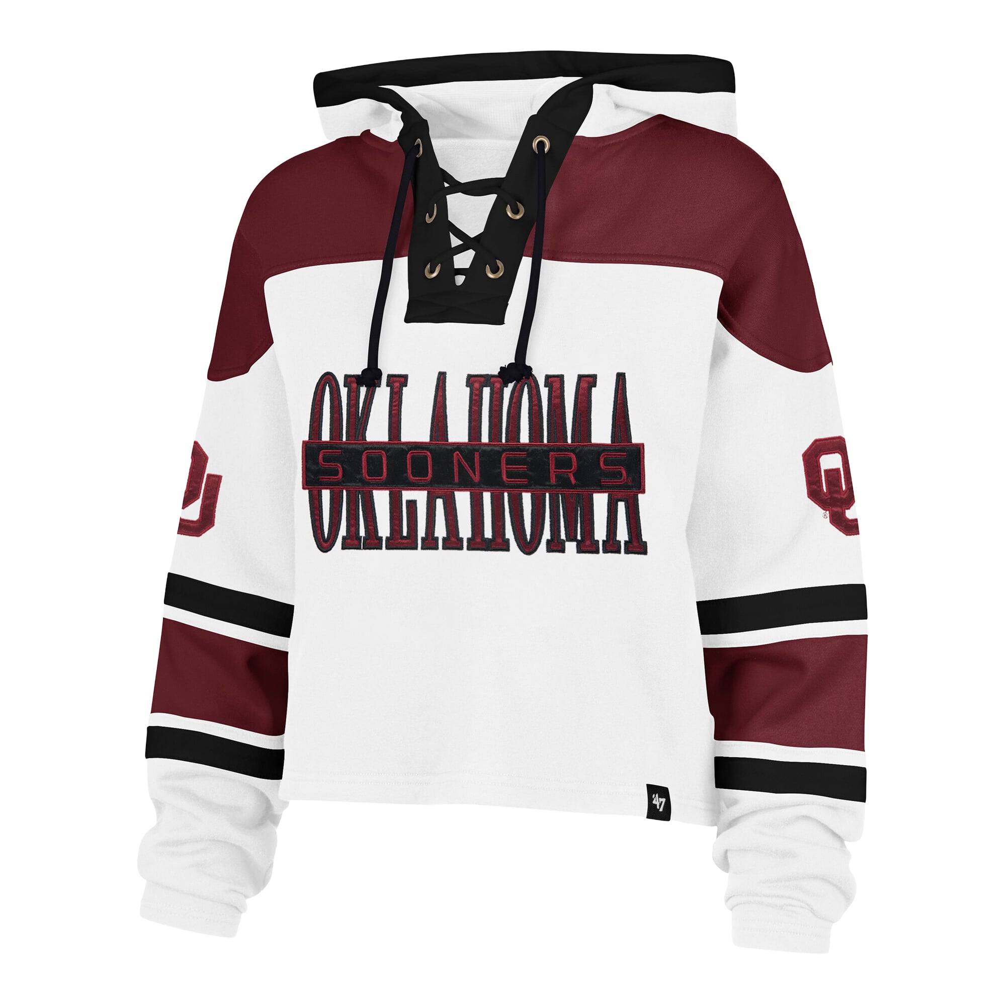Women's '47  White Oklahoma Sooners Cut Thru Cropped Superior Lacer Pullover Hoodie