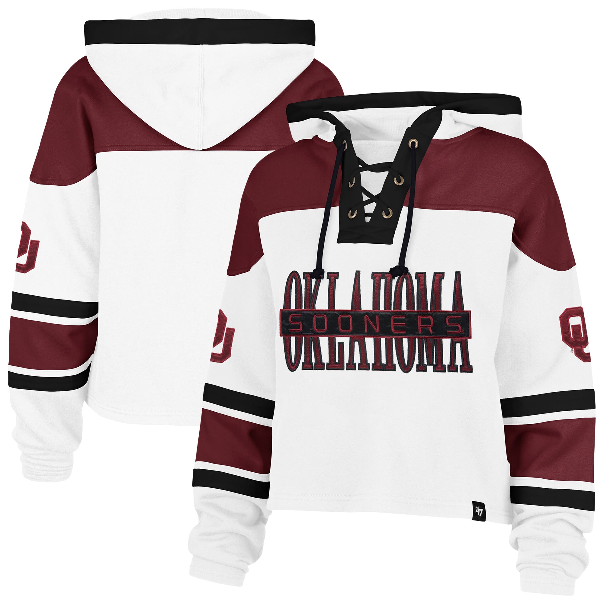 Women's '47  White Oklahoma Sooners Cut Thru Cropped Superior Lacer Pullover Hoodie