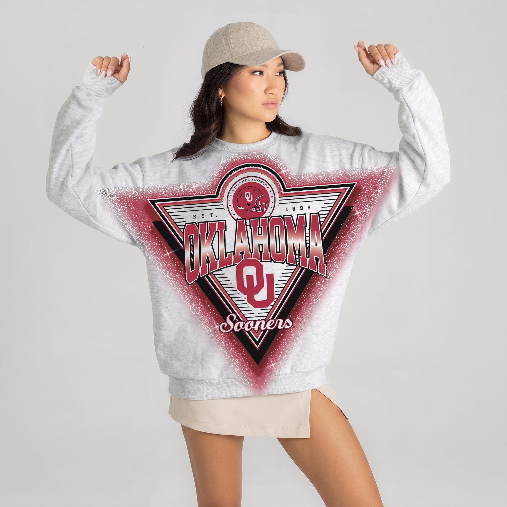 Women's Gameday Couture Gray Oklahoma Sooners Chasing Victory Rhinestone Spray Oversized Fleece Sweatshirt