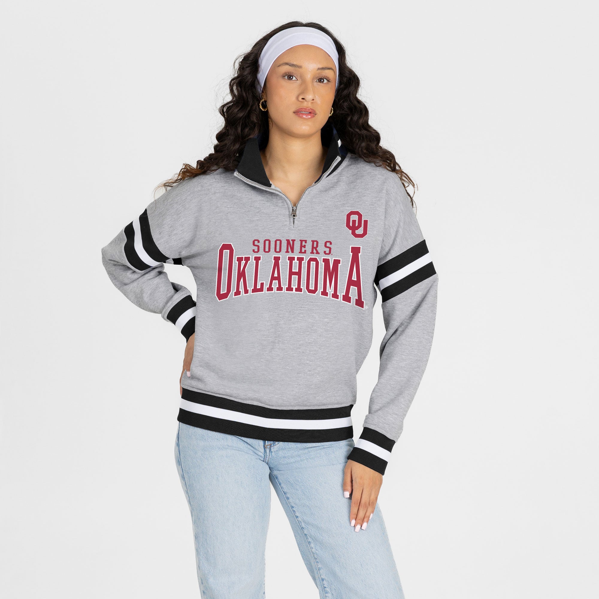 Pull à col zippé gris Oklahoma Sooners Hold the Line pour femme, collection Gameday Couture