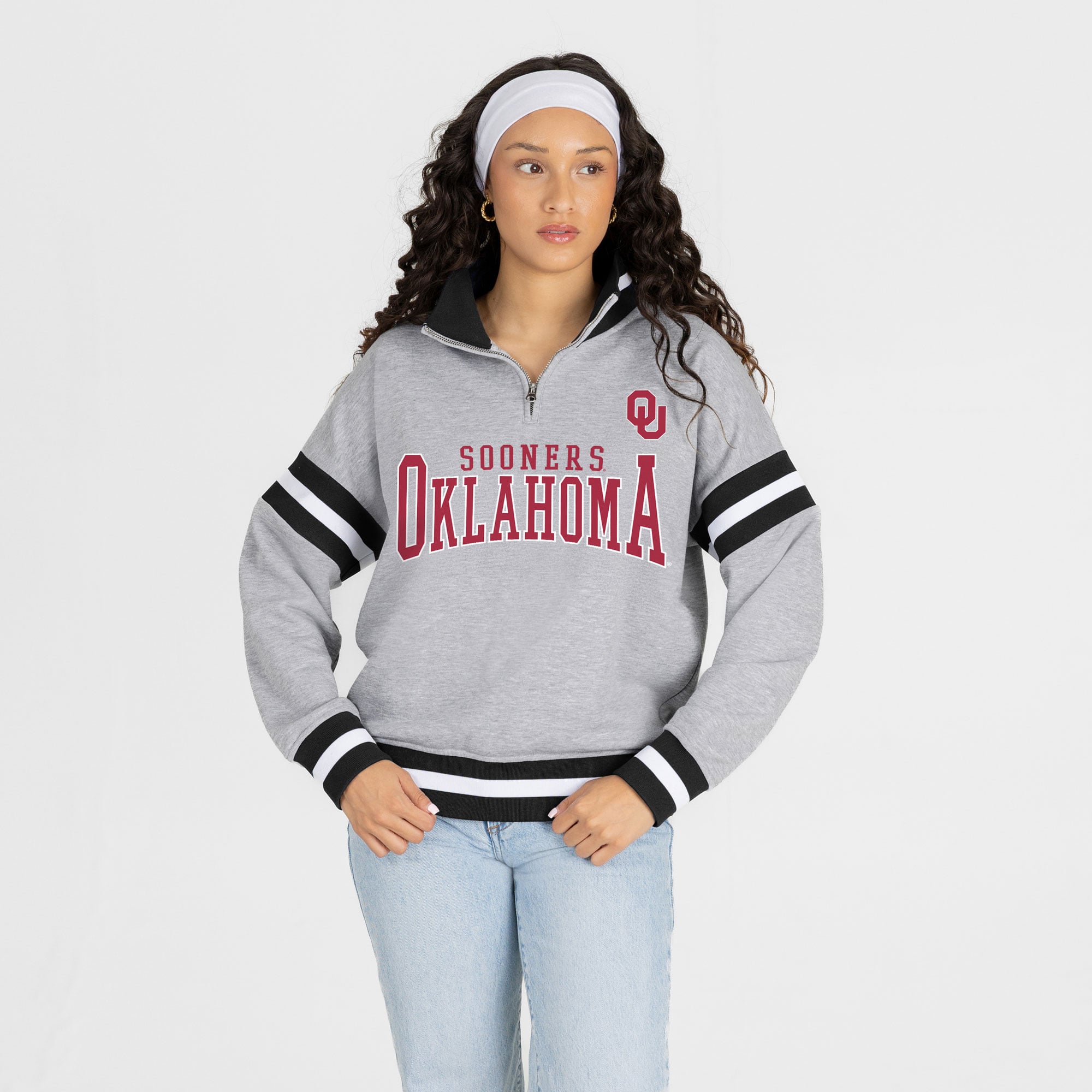 Pull à col zippé gris Oklahoma Sooners Hold the Line pour femme, collection Gameday Couture