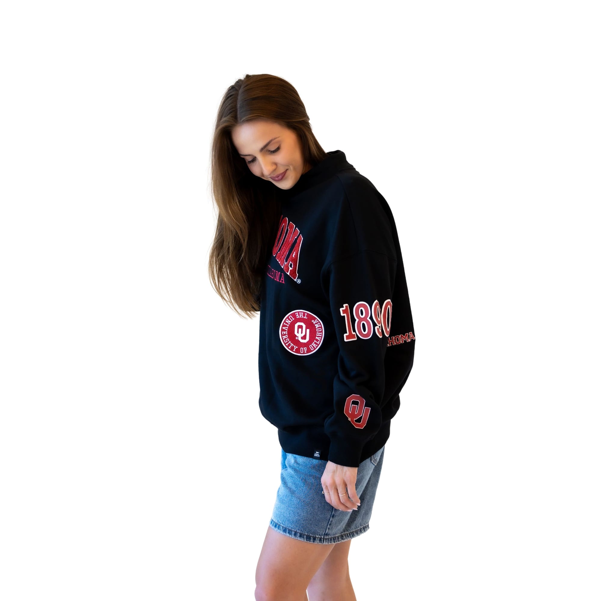 Sweat-shirt à col montant noir écusson des Oklahoma Sooners pour femmes, idéal les jours de match