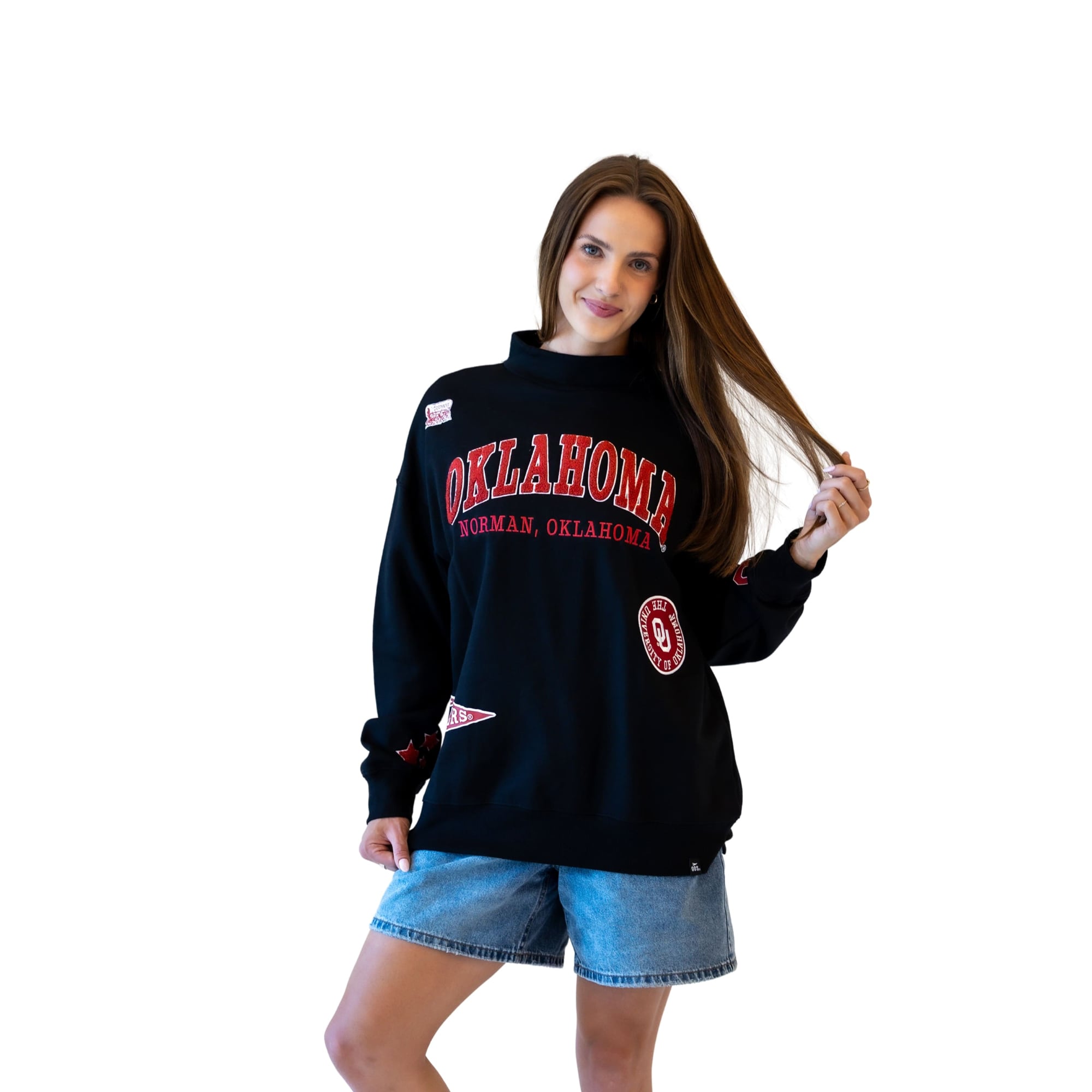 Sweat-shirt à col montant noir écusson des Oklahoma Sooners pour femmes, idéal les jours de match