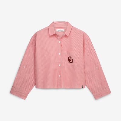  Oklahoma Sooners Gameday Social Women's Cropped Striped Button-Down Shirt - Crimson