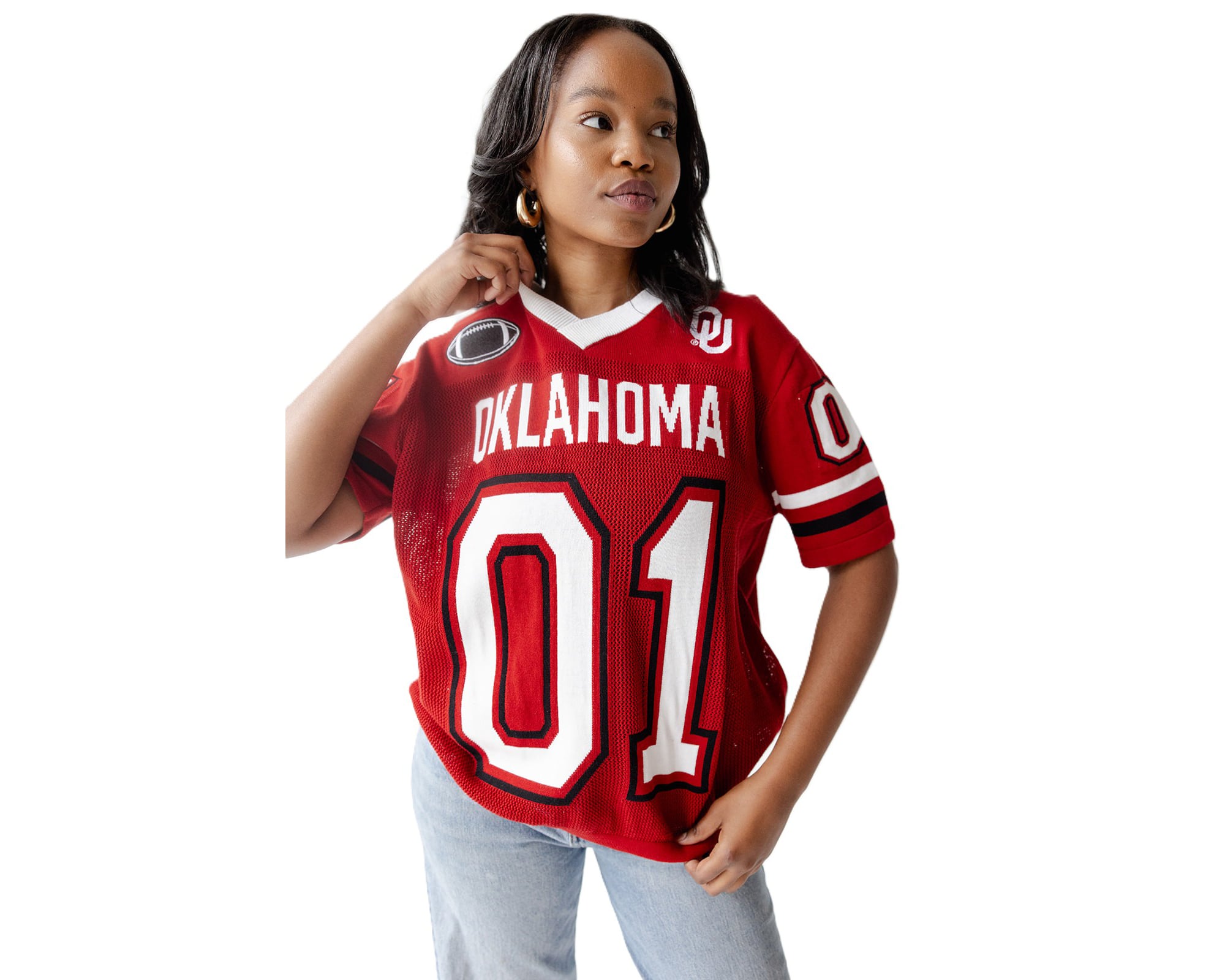 Pull de football américain tricoté pour femmes, motif Oklahoma Sooners, couleur rouge cramoisi.