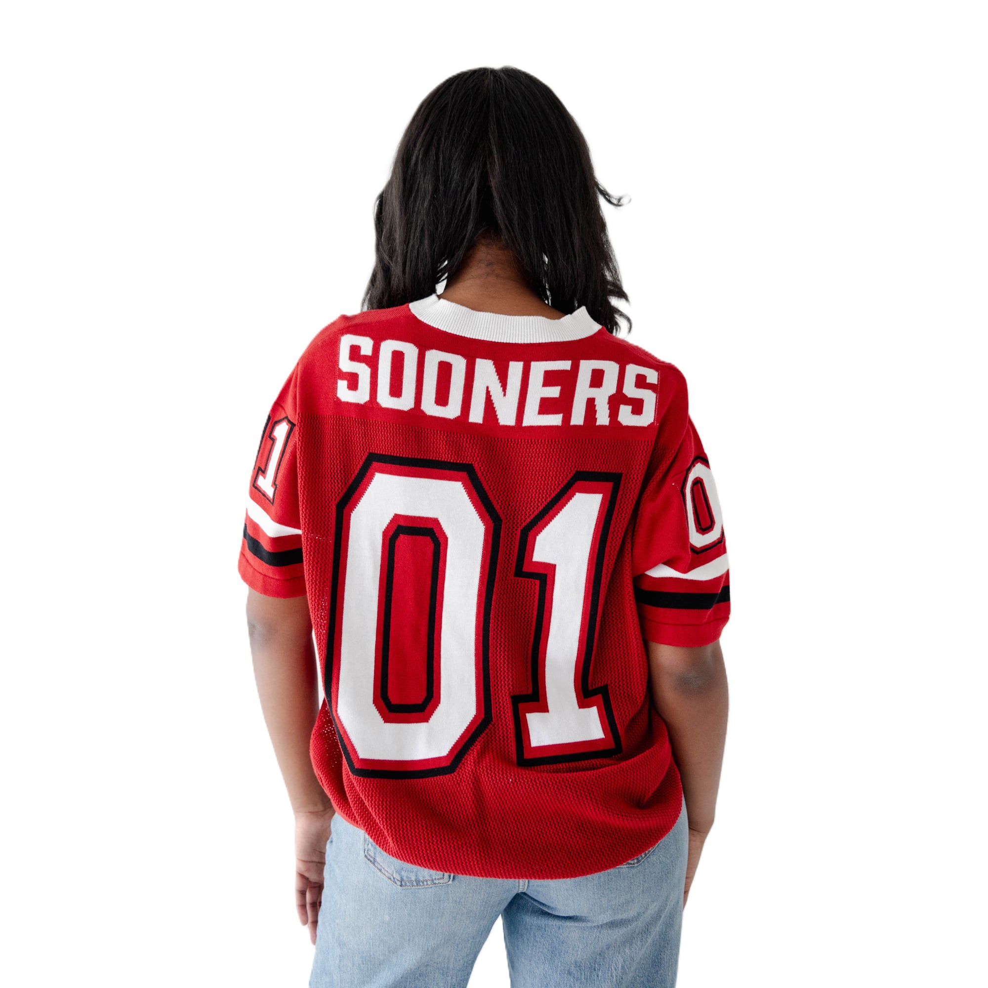 Pull de football américain tricoté pour femmes, motif Oklahoma Sooners, couleur rouge cramoisi.