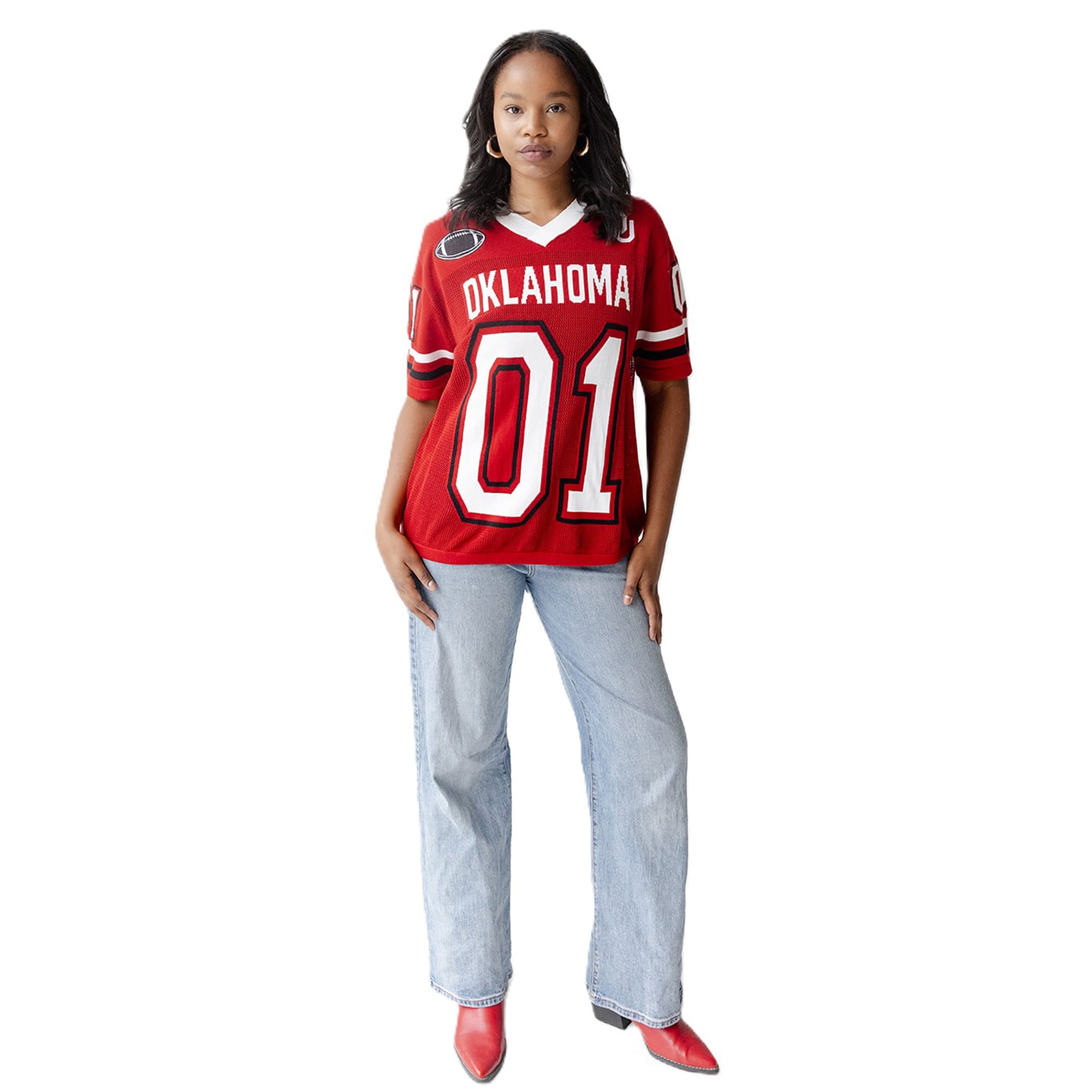 Pull de football américain tricoté pour femmes, motif Oklahoma Sooners, couleur rouge cramoisi.