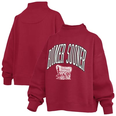  Oklahoma Sooners Pressbox Women's Oversized Slogan Fleece Mock Neck Sweatshirt - Crimson
