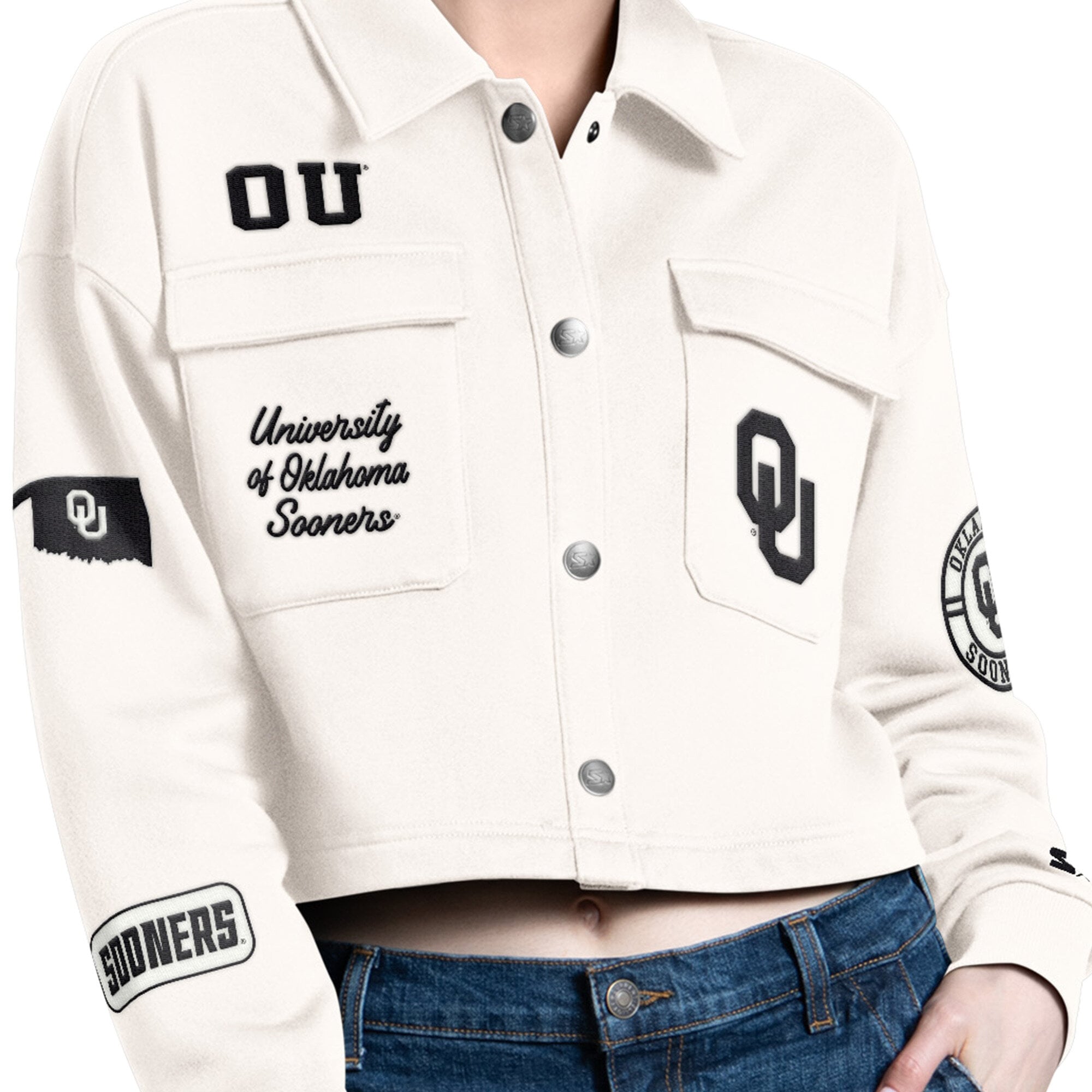 Chemise courte à boutons-pression Oklahoma Sooners Anchor Starter Cream pour femmes