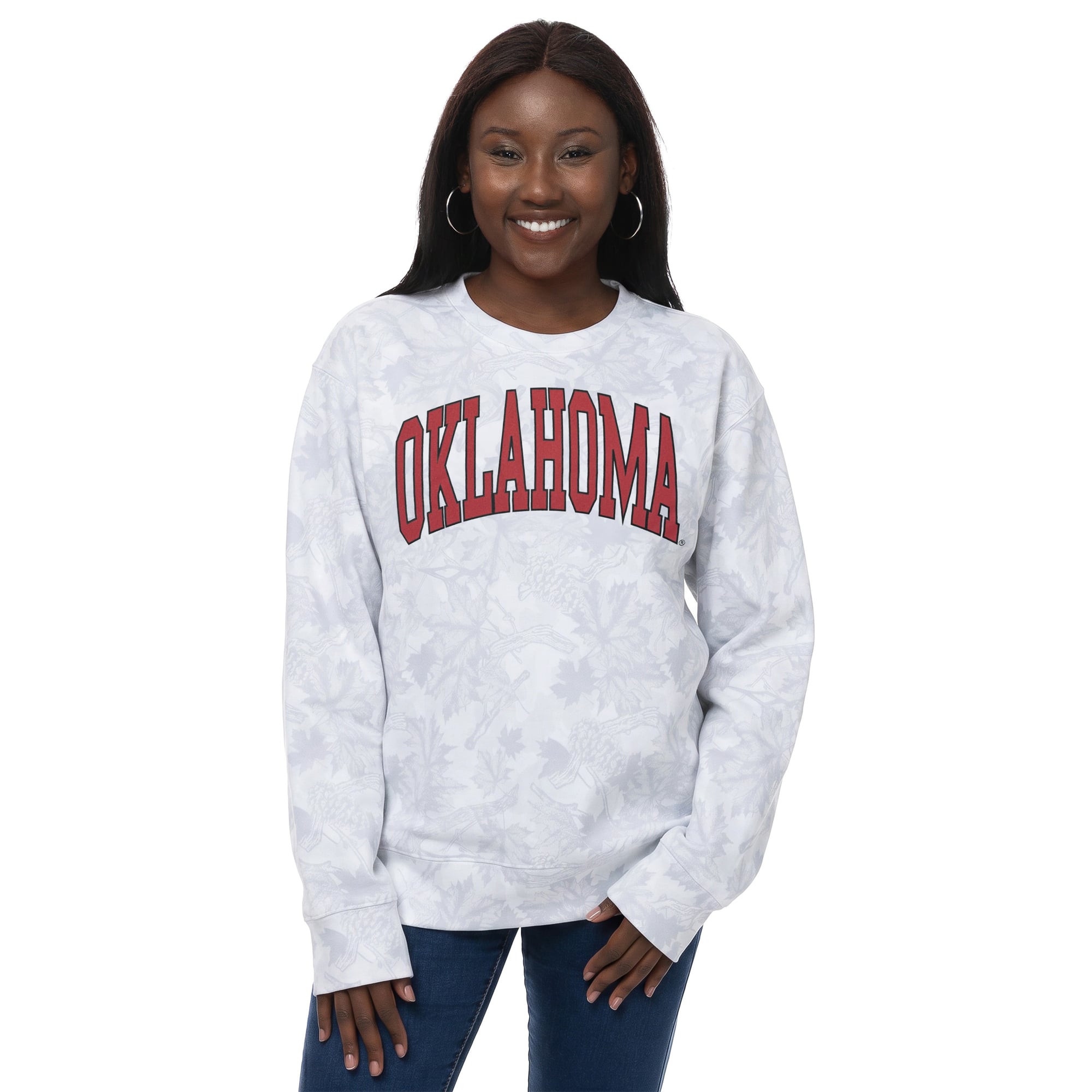 Women's ZooZatz  Gray Oklahoma Sooners Camo Arch Logo Fleece Crewneck Sweatshirt