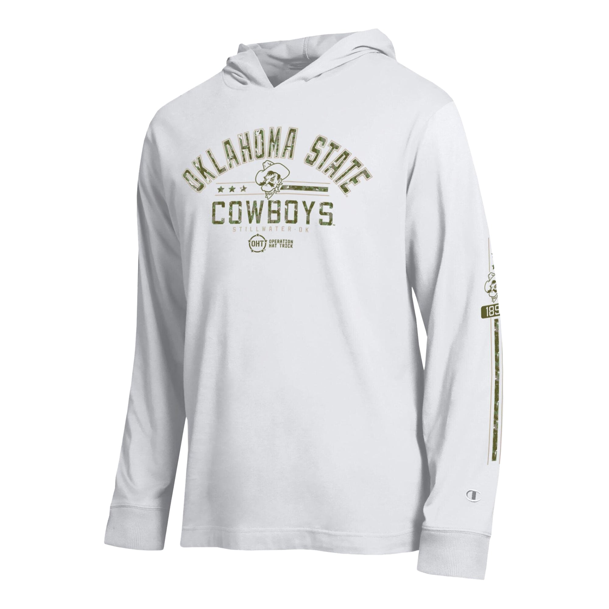 T-shirt à manches longues et capuche Champion blanc Oklahoma State Cowboys Operation Hat Trick pour homme