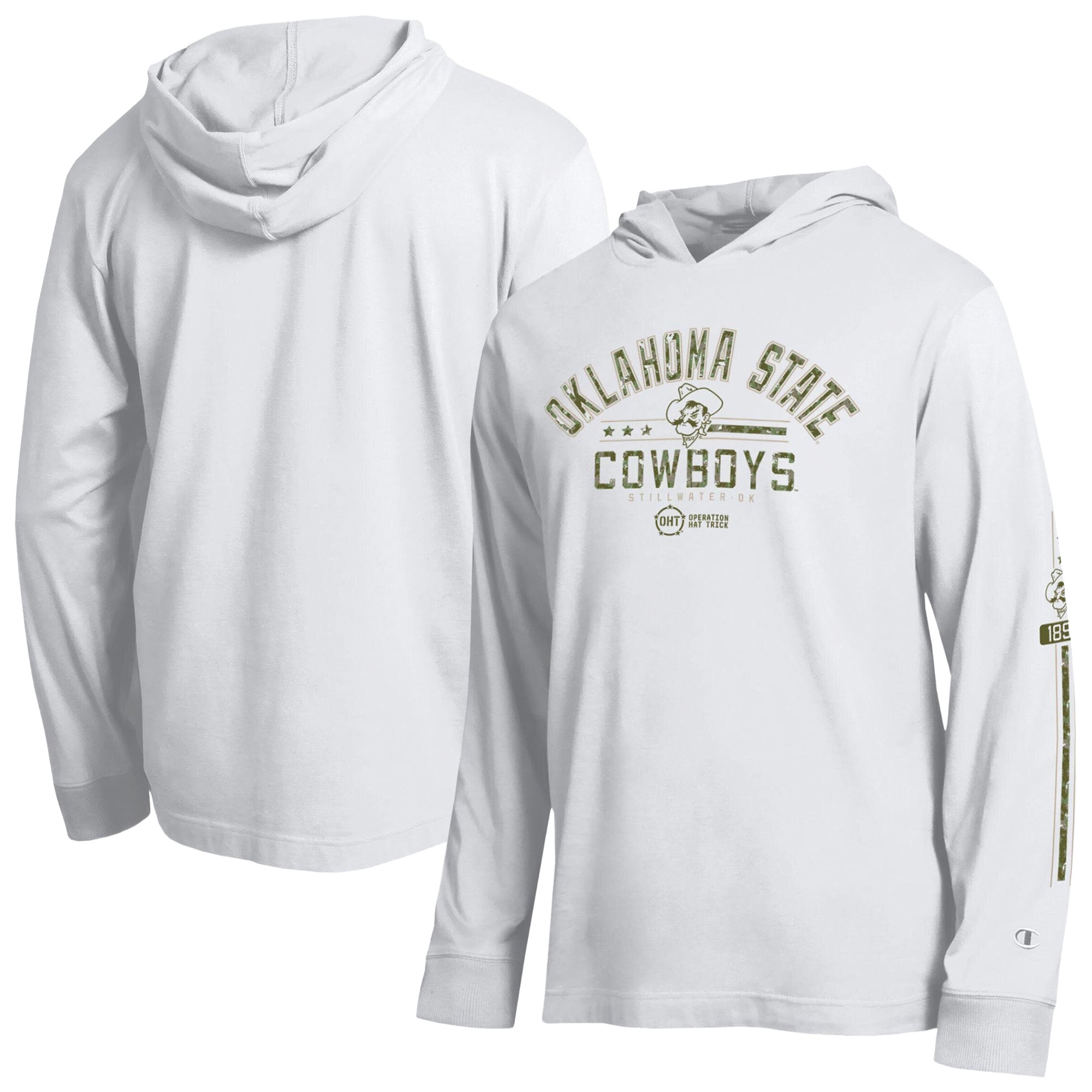 T-shirt à manches longues et capuche Champion blanc Oklahoma State Cowboys Operation Hat Trick pour homme