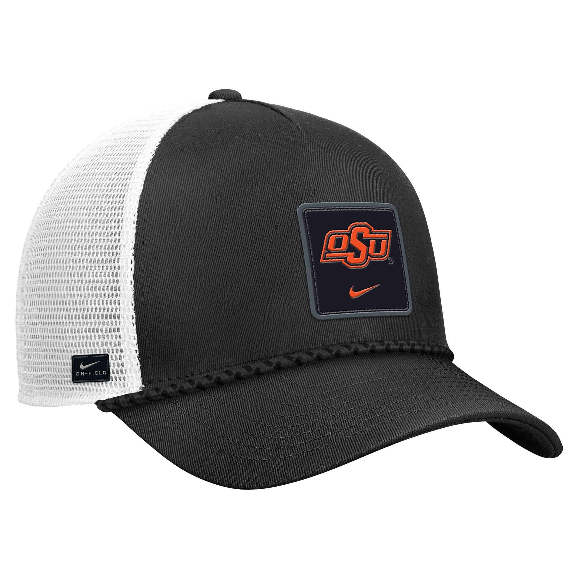 Casquette trucker ajustable Nike noire pour homme, modèle Oklahoma State Cowboys 2026, avec corde de sécurité.