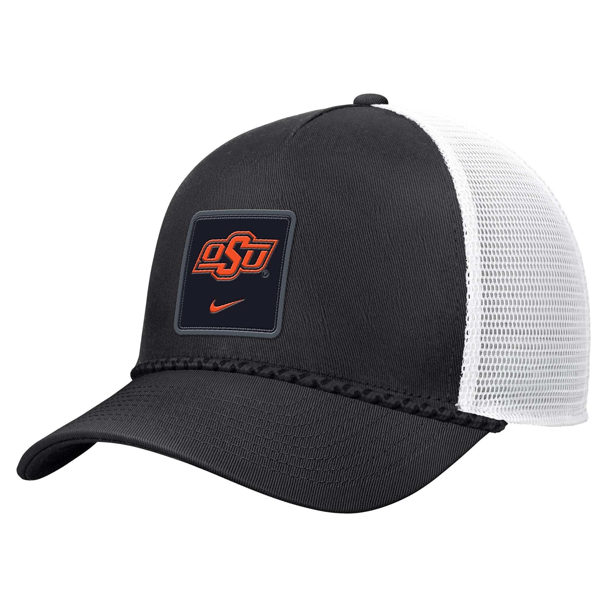 Casquette trucker ajustable Nike noire pour homme, modèle Oklahoma State Cowboys 2026, avec corde de sécurité.
