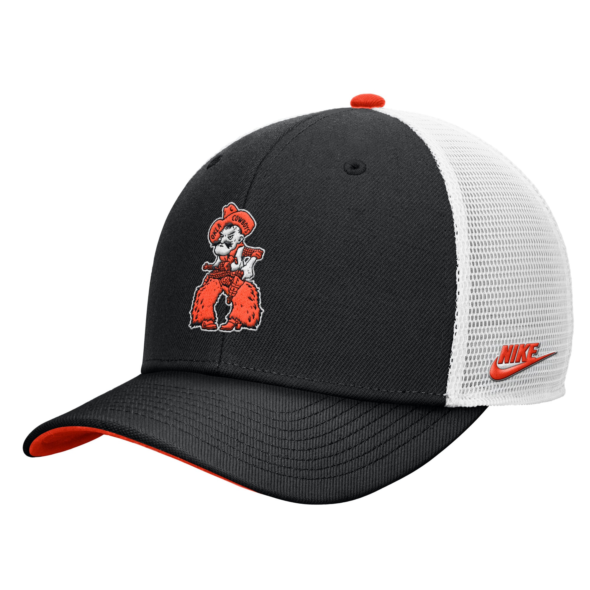 Casquette trucker ajustable Nike noire pour homme, modèle Legacy Mascot des Oklahoma State Cowboys.