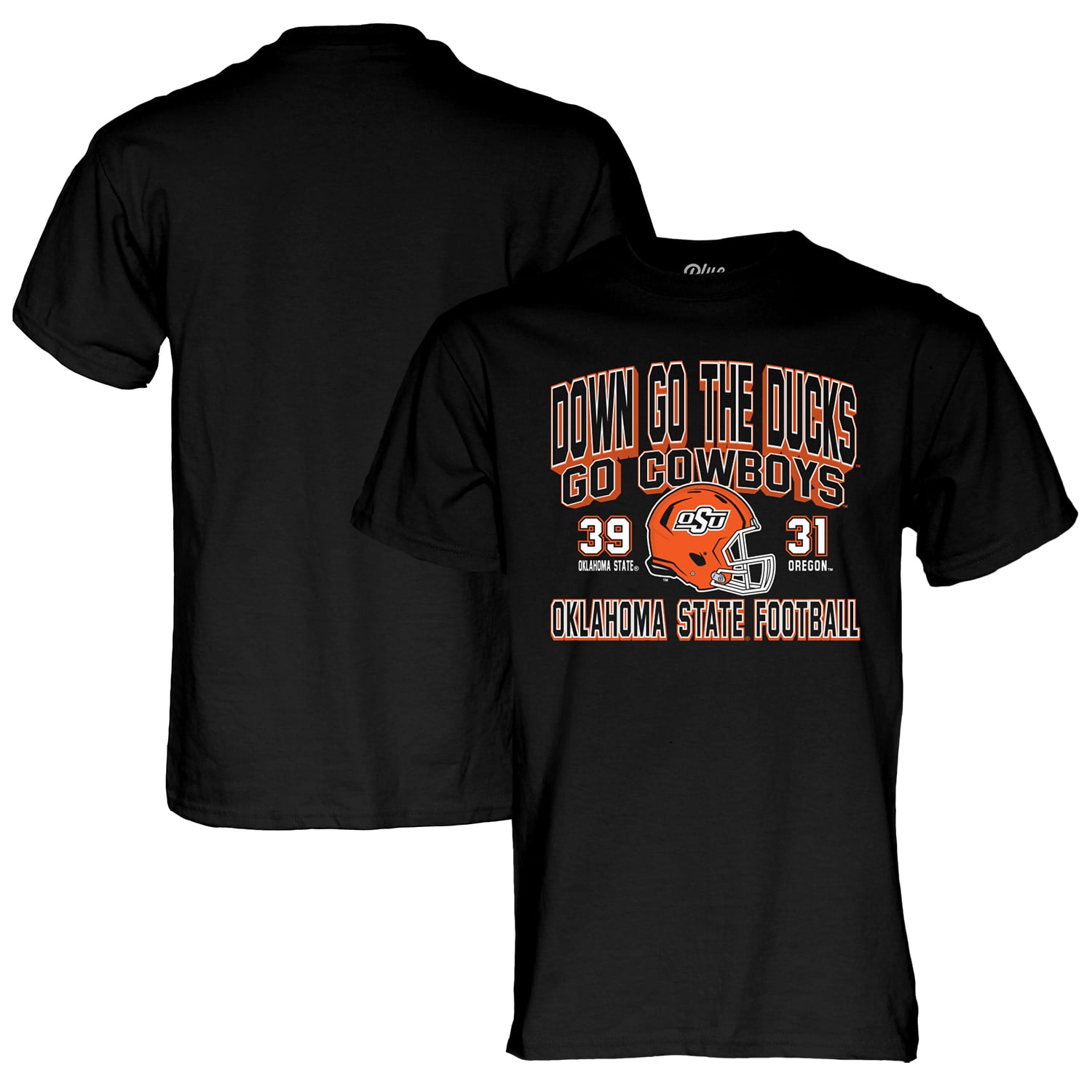 T-shirt unisexe bleu 84 noir Oklahoma State Cowboys contre Oregon Ducks Score