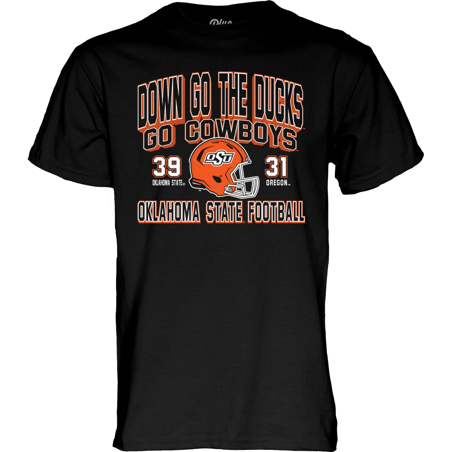 T-shirt unisexe bleu 84 noir Oklahoma State Cowboys contre Oregon Ducks Score