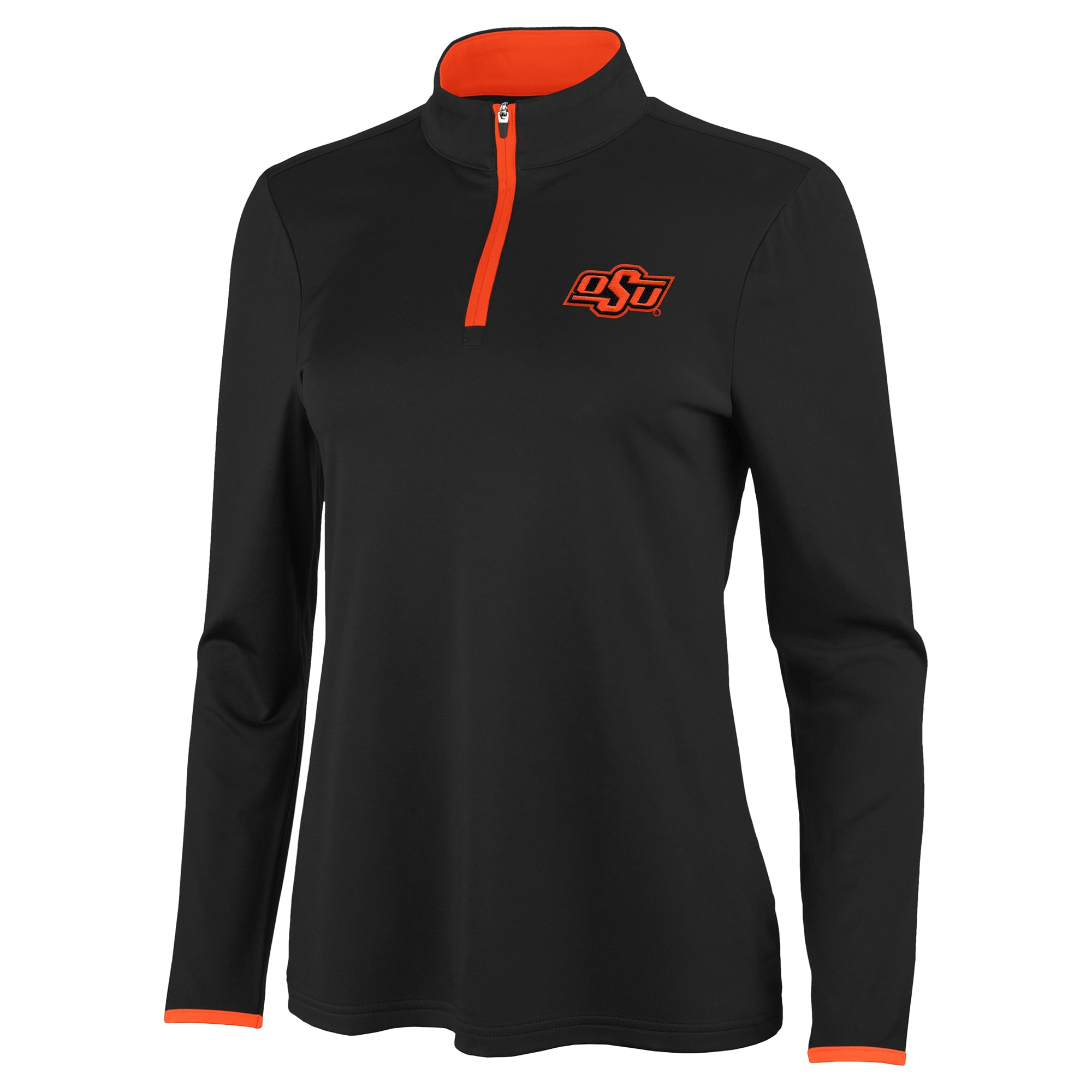 Pull à col zippé Antigua noir et orange pour femme, modèle Oklahoma State Cowboys Brink.