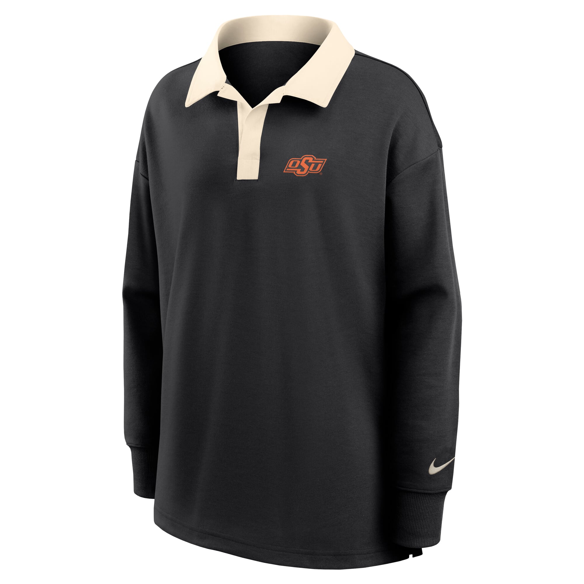 Polo Nike noir pour femme, Oklahoma State Cowboys, coupe oversize, manches longues et col en V, technologie Dri-FIT.