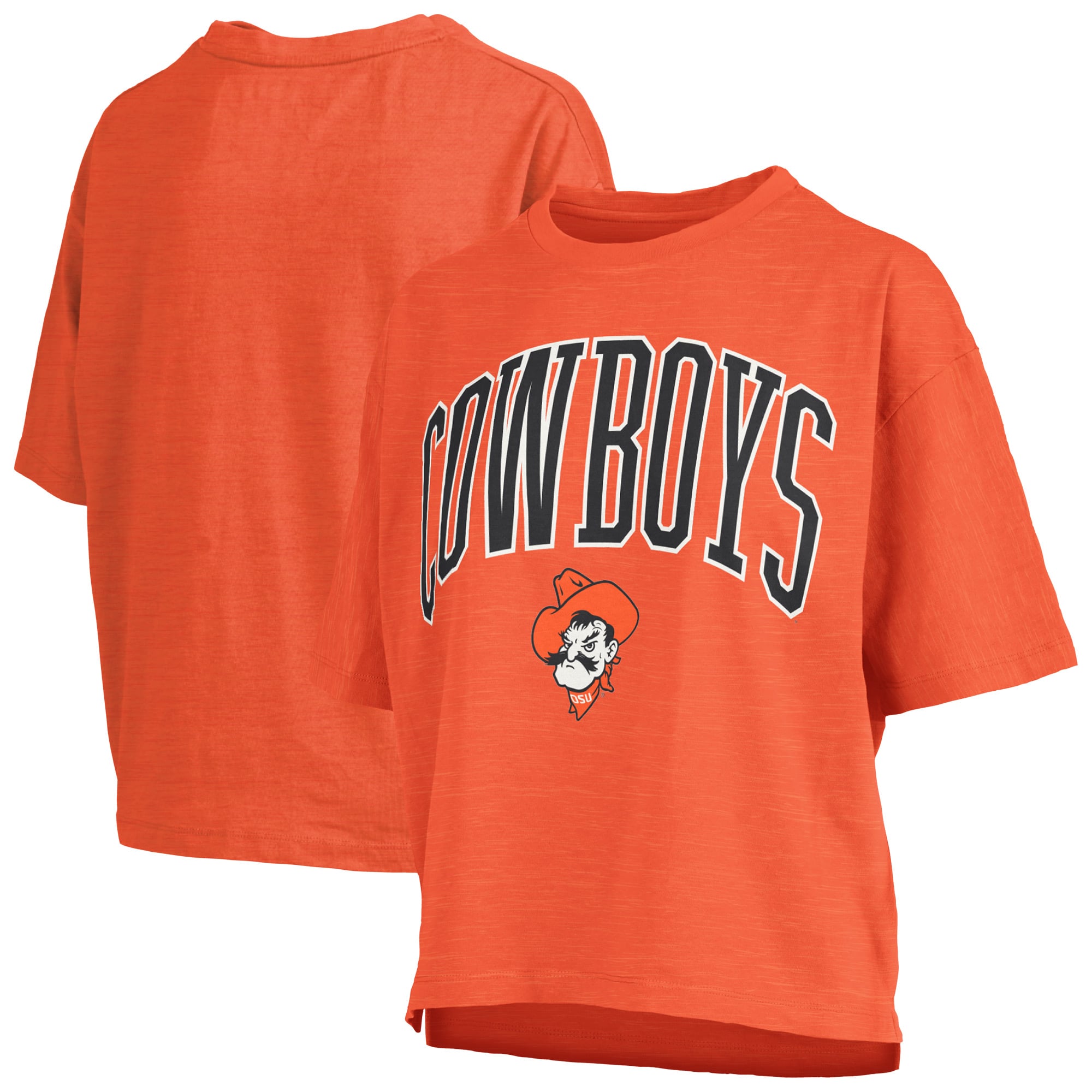 T-shirt oversize Pressbox Orange Oklahoma State Cowboys pour femmes, logo Nelson Arch Over, en flammèche