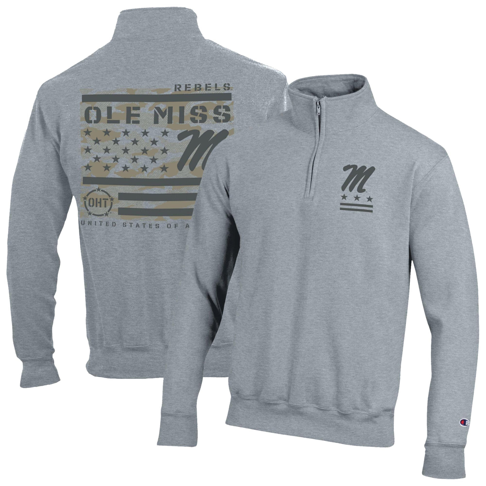Pull-over à col zippé Champion Heather Gray Ole Miss Rebels Operation Hat Trick Flag en polaire Powerblend pour homme