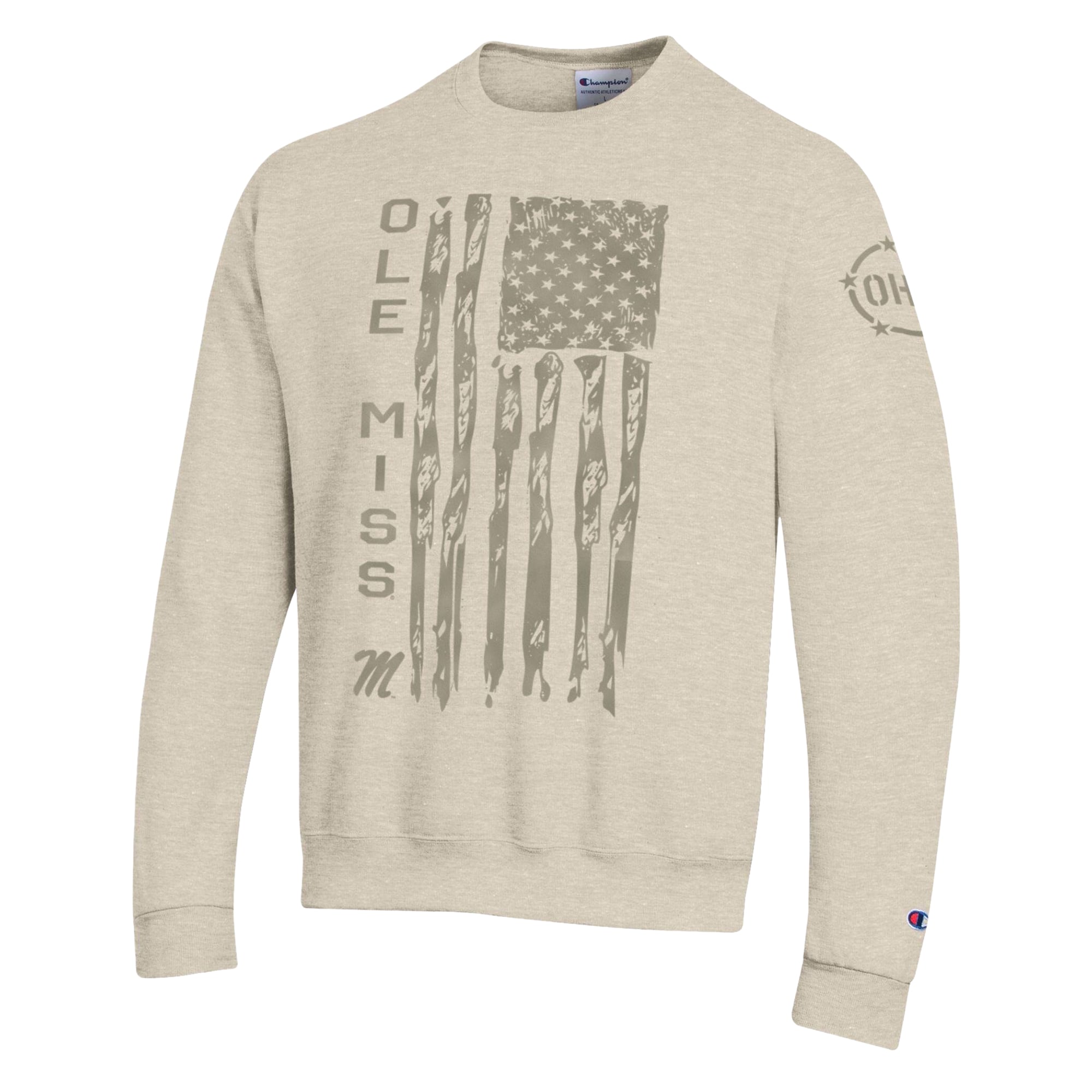 Sweat-shirt polaire Champion Oatmeal pour homme, modèle Ole Miss Rebels OHT, avec drapeau de reconnaissance militaire
