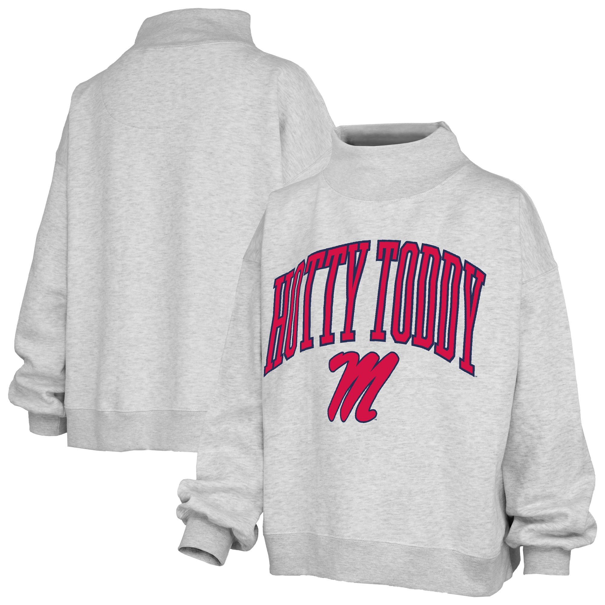 Women's Pressbox  Ash Ole Miss Rebels Oversized Slogan Fleece Mock Neck Sweatshirt