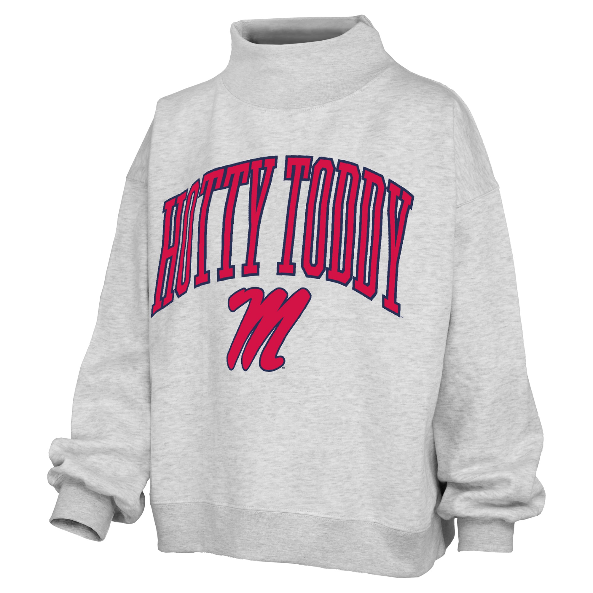 Women's Pressbox  Ash Ole Miss Rebels Oversized Slogan Fleece Mock Neck Sweatshirt