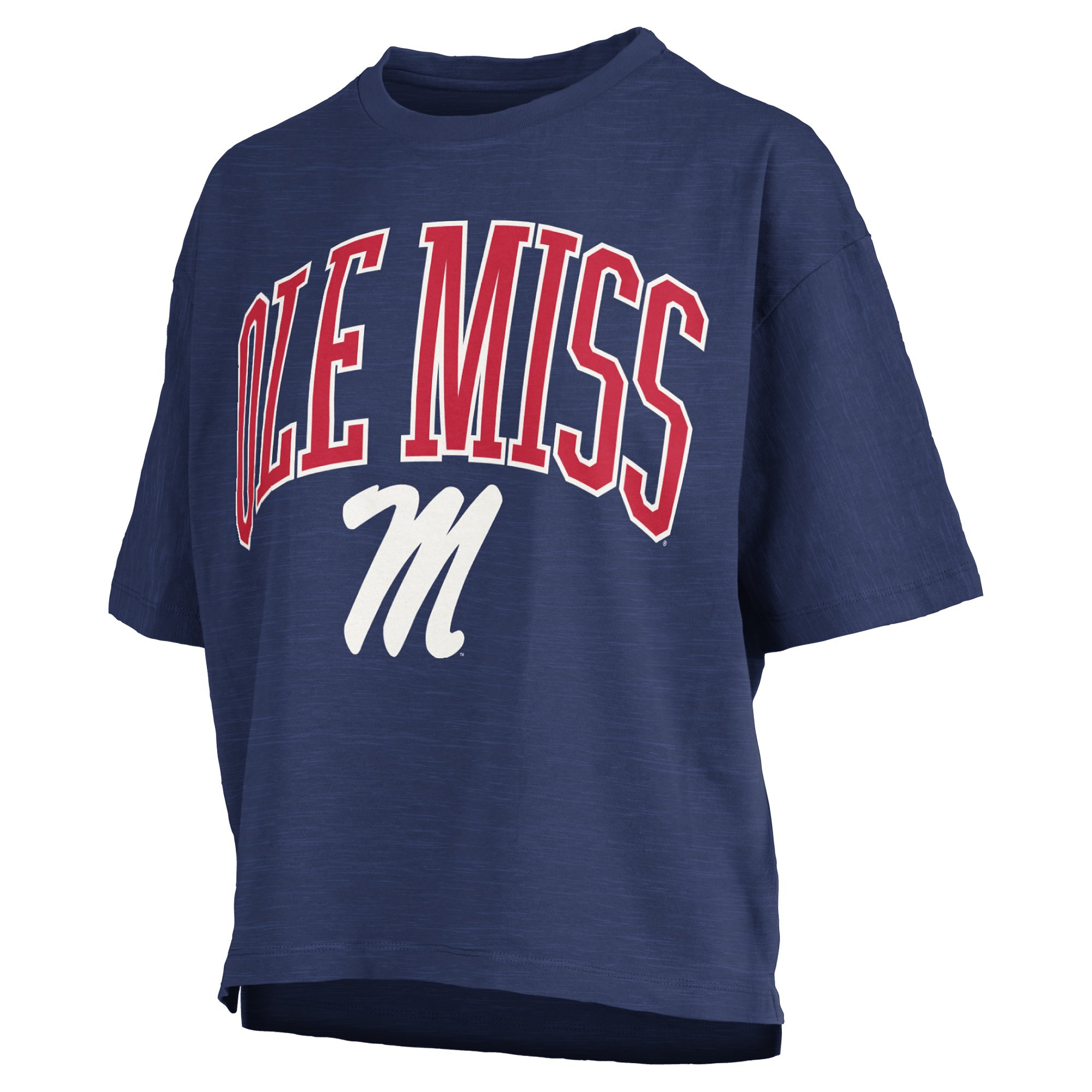 T-shirt oversize Pressbox Navy Ole Miss Rebels pour femme, logo Nelson Arch Over, imprimé flammé.
