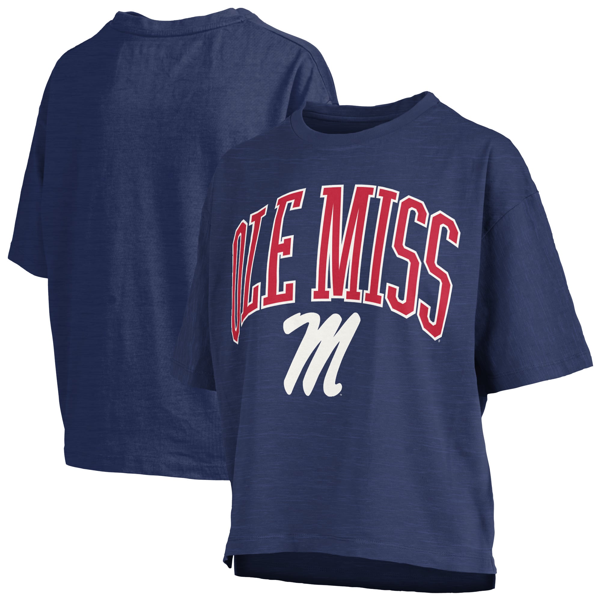 T-shirt oversize Pressbox Navy Ole Miss Rebels pour femme, logo Nelson Arch Over, imprimé flammé.