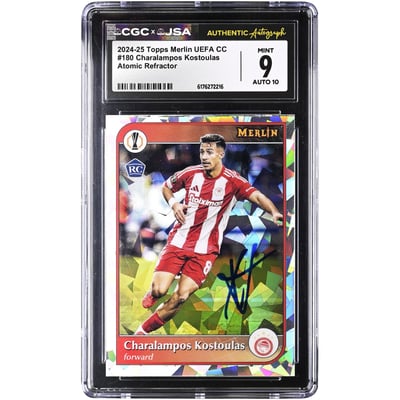 Charalampos Kostoulas Olympiacos Autographed 2024-25 Topps Merlin UEFA CC Atomic Refractor #180 CGC Authenticated 9/10 Rookie Card
